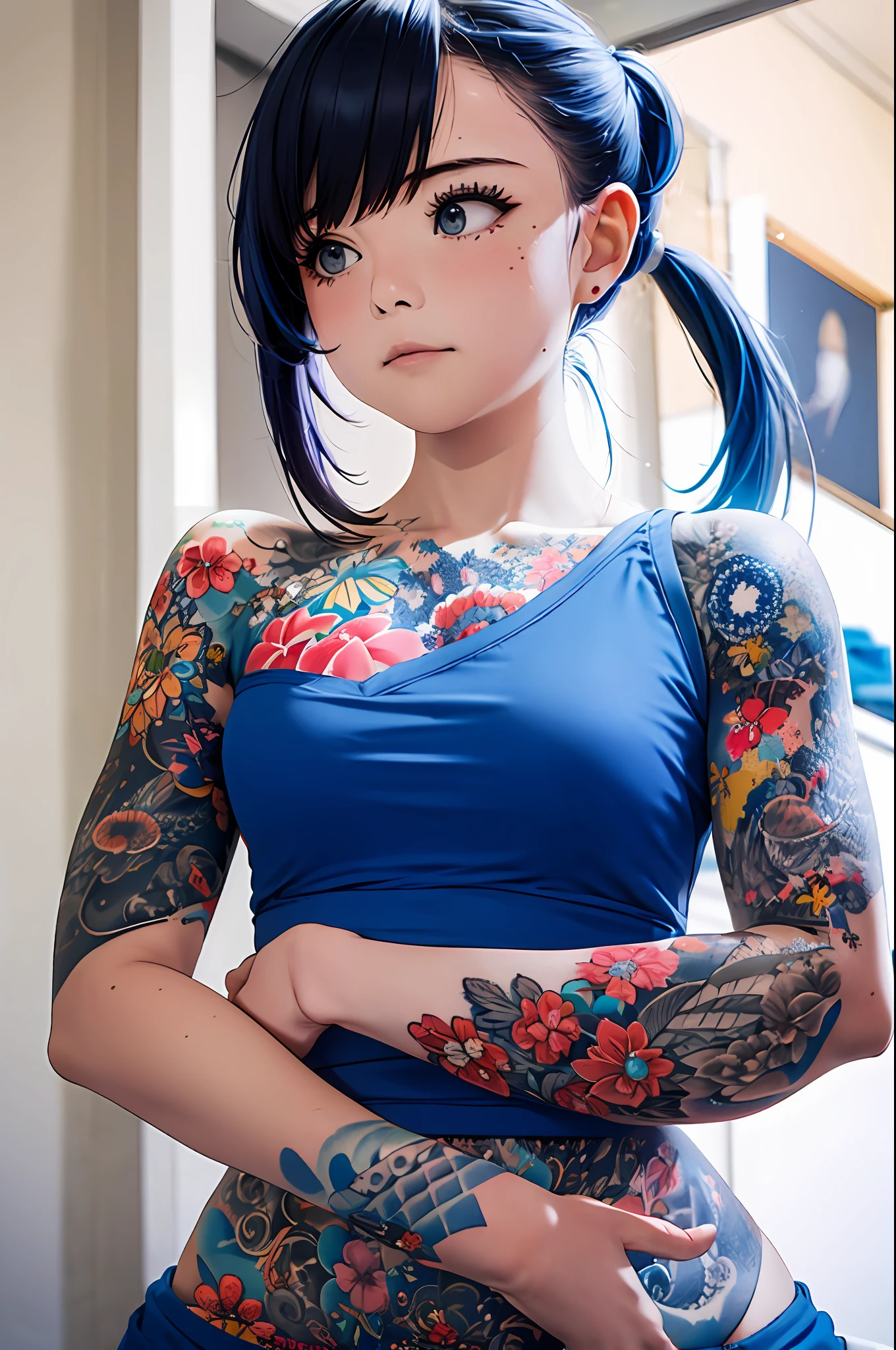 1menina, matural female, cabelo preto, pigtail, blusa azul, minissaia azul, calcinha azul, coxas pretas, (seios grandes), dentro de casa, quarto, colorido, cores vivas, obra-prima, absurdres, esthetic (tatuagem:1.3),