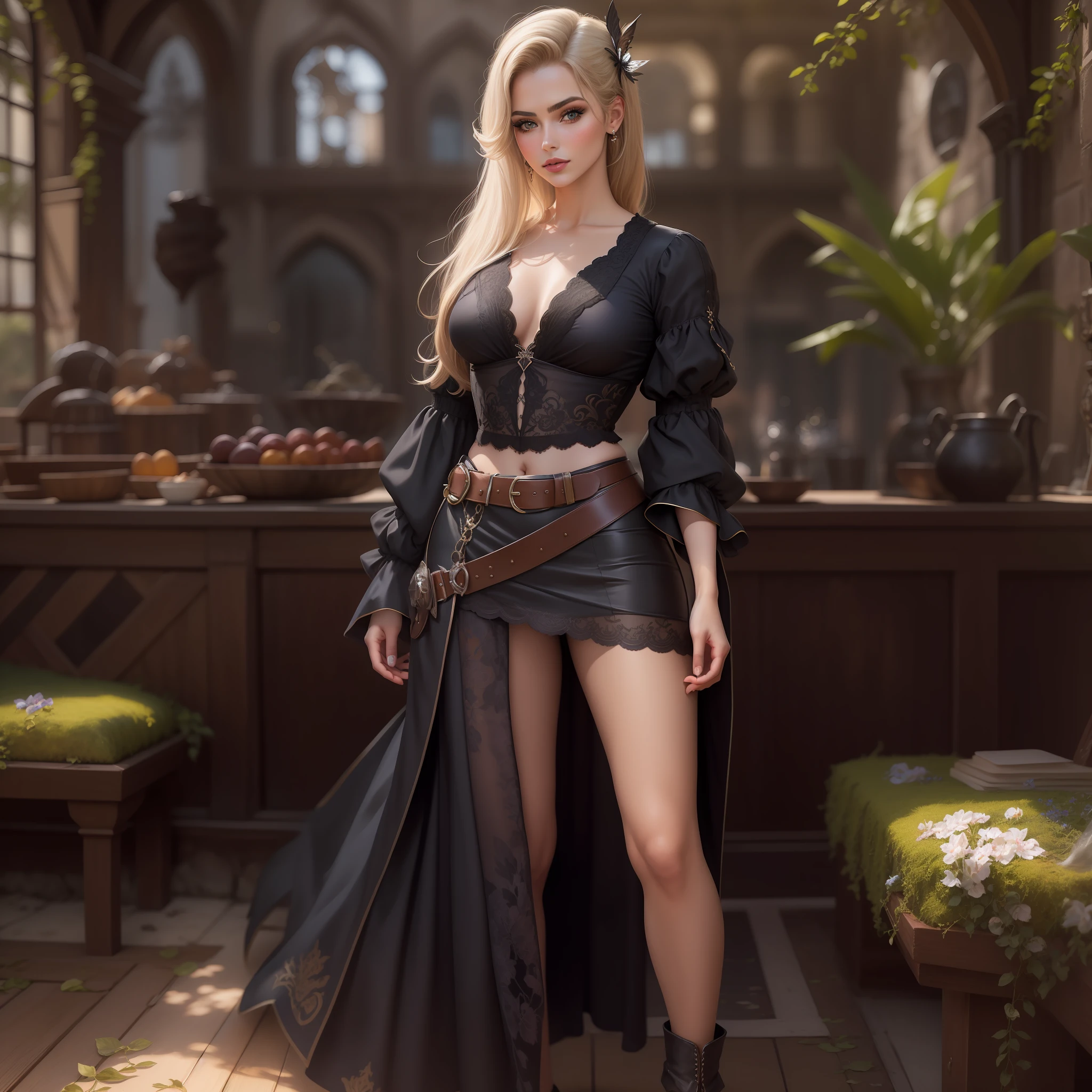 (masterpiece: 1.2), (best quality: 1.2), (highly detailed: 1.3), 4k, Green irises, rosto perfeito, perfect lighting, cabelos longos, cabelos ruivos, Moths in Cebelo, a girl, beautiful young lady, female in a navio, corpo magro e forte, black skinny pants, saia de couro, roupa de pirata feminina, black belt, tom de pele claro, Glamourosa na batalha, lingerie elegante, uma pinta em seu rosto, fantasia, Scenario with a lot of detail, Realistic, medieval setting, seios grandes, faixa preta, corpo magro,