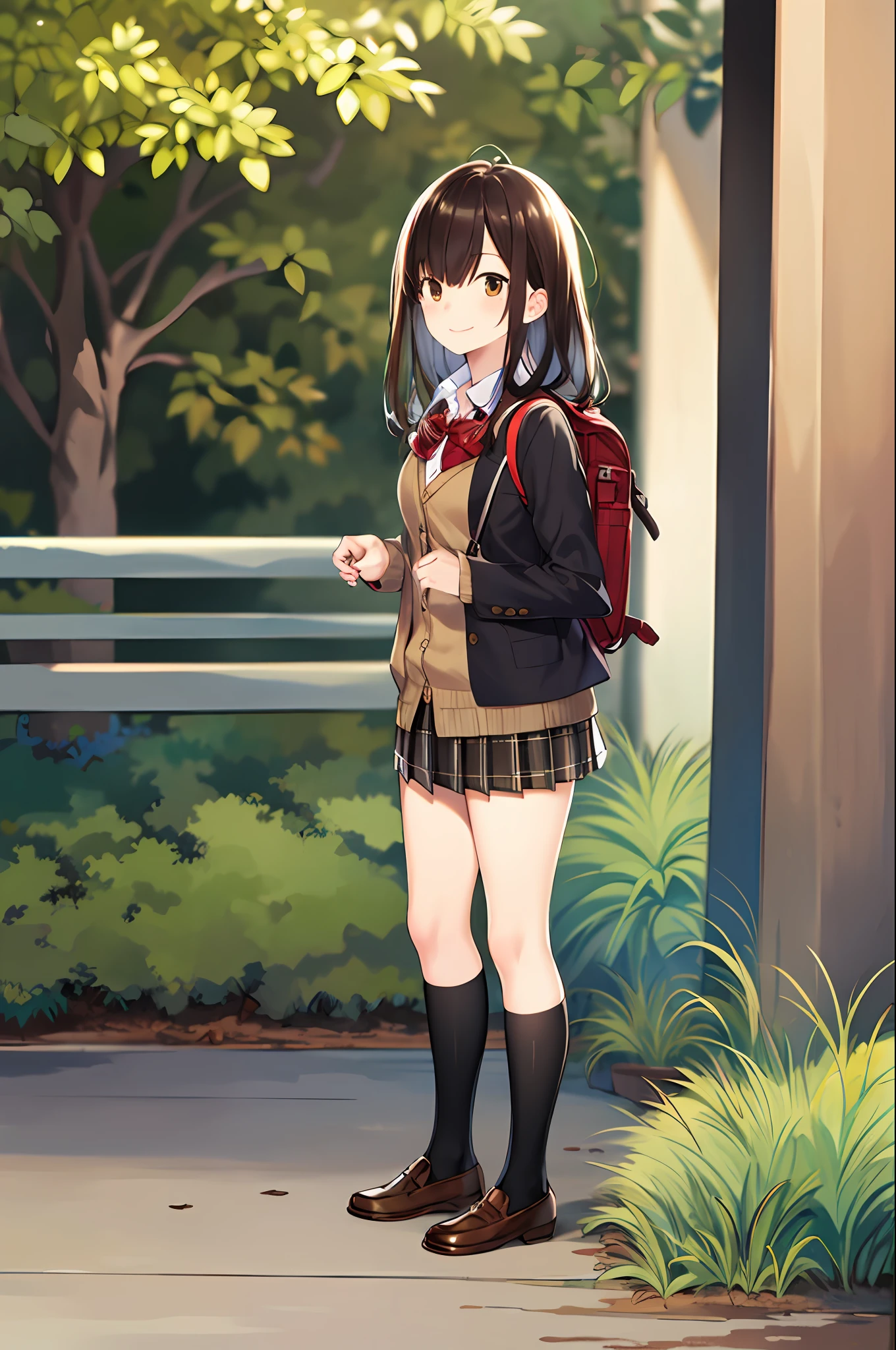 masterpiece, best quality, 1girl, solo, skirt, backpack outdoors, jacket, standing, socks, shoes, looking at viewer, brown footwear, school uniform, plaid, loafers, blazer, brown hair, plaid skirt, black socks, long sleeves, bangs, open clothes, open jacket, bow, brown eyes, pleated skirt, bowtie, day, long hair, full body, bush, red bow, kneehighs, shirt, closed mouth, sleeves past wrists, backpack, red bowtie, black jacket, school backpack, blush, plant, brown skirt,  blurry, from side,  looking to the side, collared shirt, miniskirt, white shirt, cardigan, grass, sweater, light smile