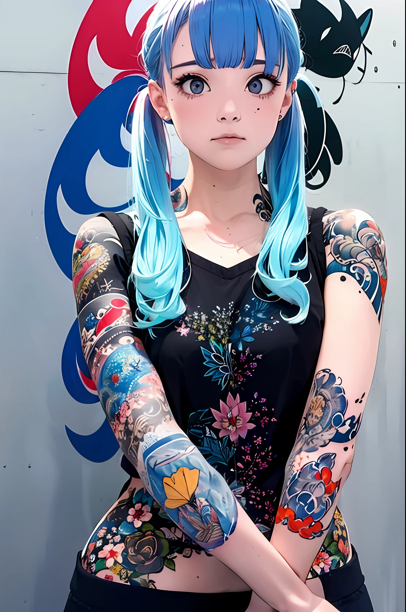 1menina, matural female, cabelo preto, pigtail, blusa azul, minissaia azul, calcinha azul, coxas pretas, (seios grandes), dentro de casa, quarto, colorido, cores vivas, obra-prima, absurdres, esthetic (tatuagem:1.3),