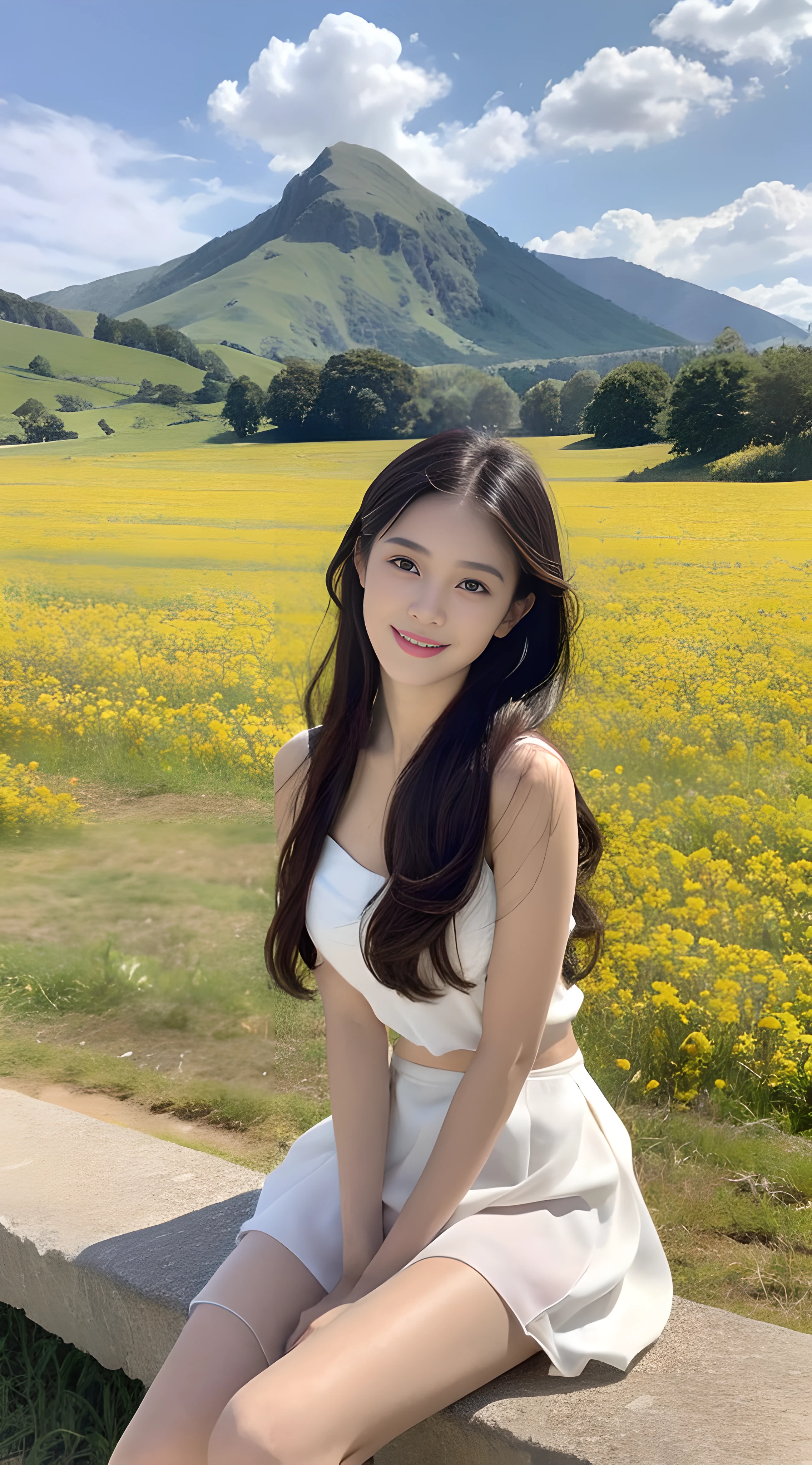A nice and cute girl,Full body photo,Extremely beautiful and delicate,Black color hair,A sweet smile,Delicate and beautiful fair skin,Realistic and realistic,exquisite and complete facial features,Detailed depiction of the face,tall nose bridge,Smooth hair,extremely detail hair,Feminine temperament,Fill your face light,Tall and tall,Thin,Realiy,Hyper-realism,full body shot shot,Forward tilt angle,Extreme picture quality,Highest precision,Precise and perfect human ???????。with blue sky and white clouds,Sitting on the Steppe,with blue sky and white clouds,rays of sunshine,cattle and sheep,(White chiffon skirt)Panties are clearly visible. telephoto shot,Express the landscape,Highlight portrait。Delicate fingers