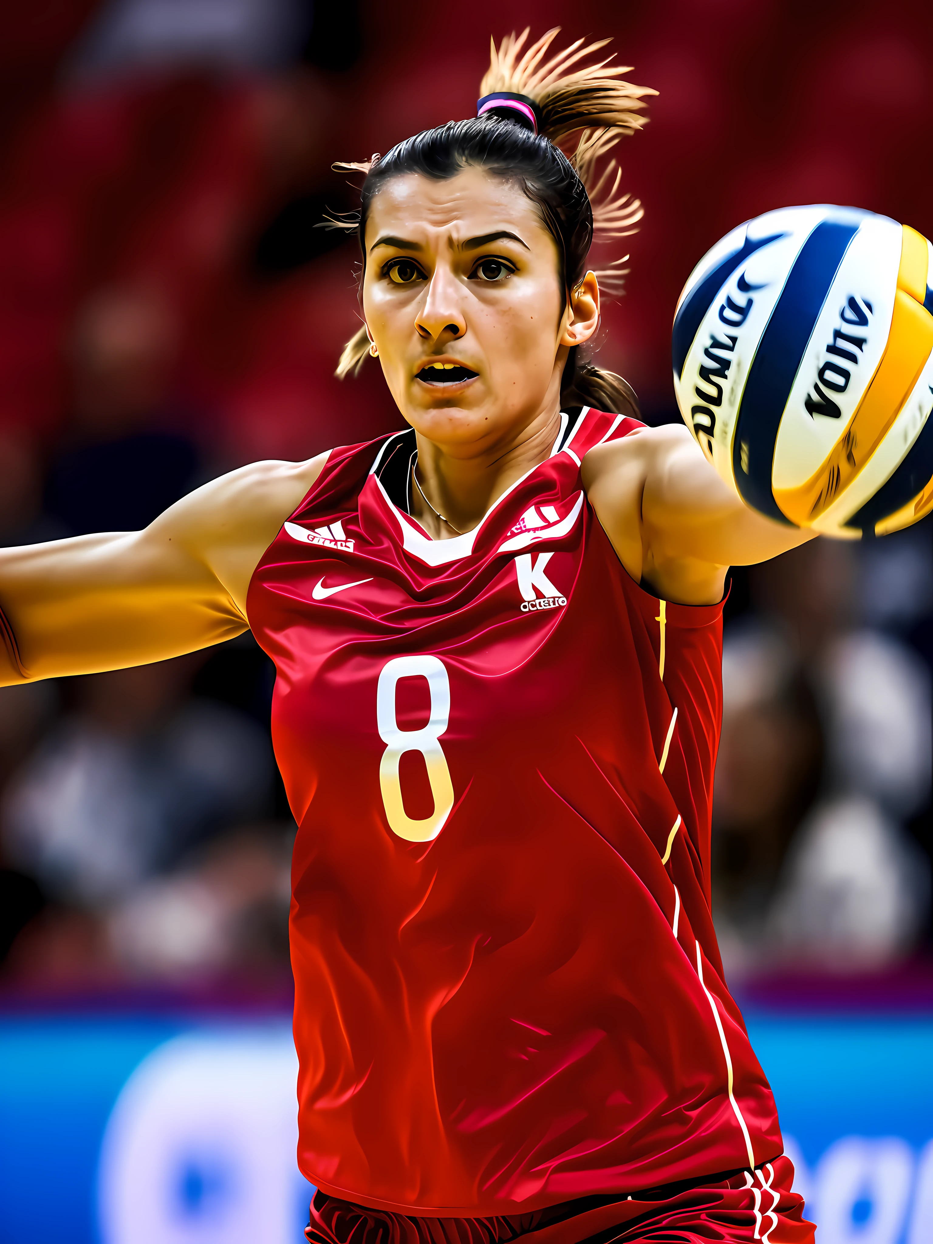 (extremely detailed 8k wallpaper),a medium shot photo of a Turkish women's volleyball player, High Detail, dramatic, motion