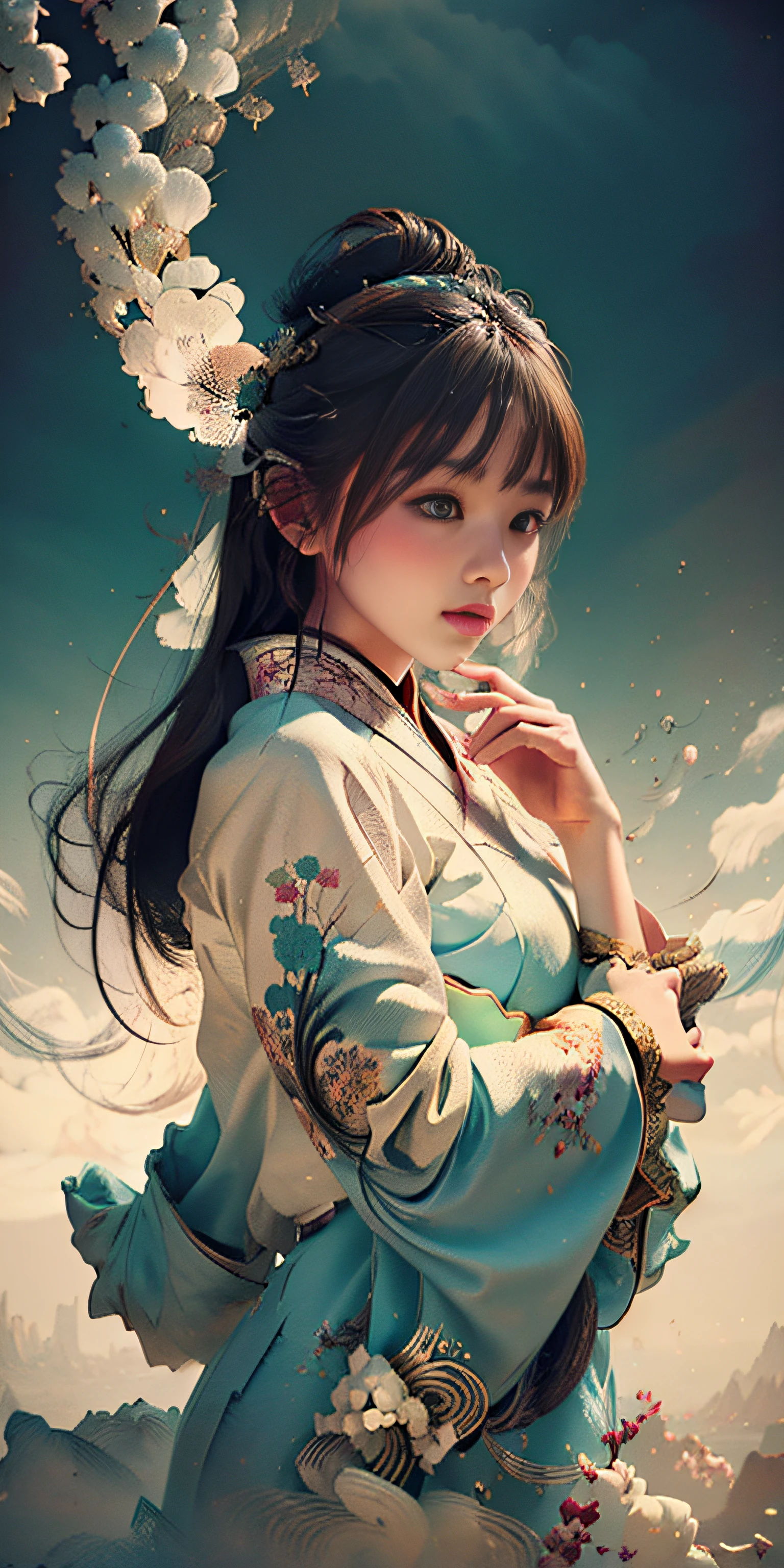 zhongfenghua, 1girl, (full body) solo, hanfu, flower field, blossom, (white smokes:1.3) (photorealistic:1.4), zentangle, mandala, entangle, official art, unity 8k wallpaper, ultra detailed, beautiful and aesthetic, masterpiece,best quality, (dynamic angle:1.4), glowing skin, (floating colorful sparkles:1) the most beautiful form of chaos, elegant, a brutalist designed, vivid colours, romanticism depth of field,