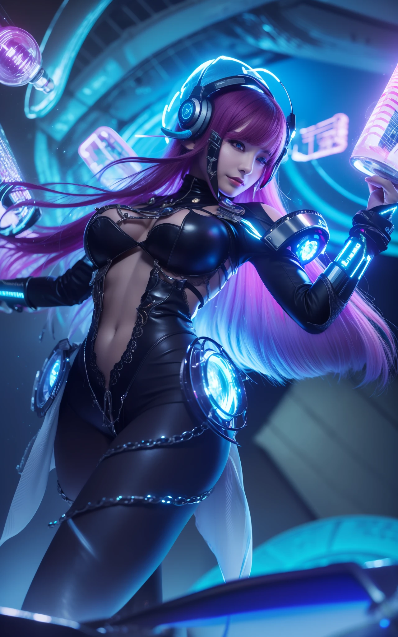 ((Best Quality, 4K, Masterpiece: 1.3)), (Detailed: 1.4), a woman in a futuristic outfit holding a glowing light, kda, style league of legends, oppai cyberpunk, cyberpunk girl, cyberpunk outfit, a woman with cyberpunk outfit and headphone, natural smile, beauty smile, Big Breast, Huge Breast, Big Butt, Nice thigh, 4K, HD, Ultra Realistic, extremely detailed
