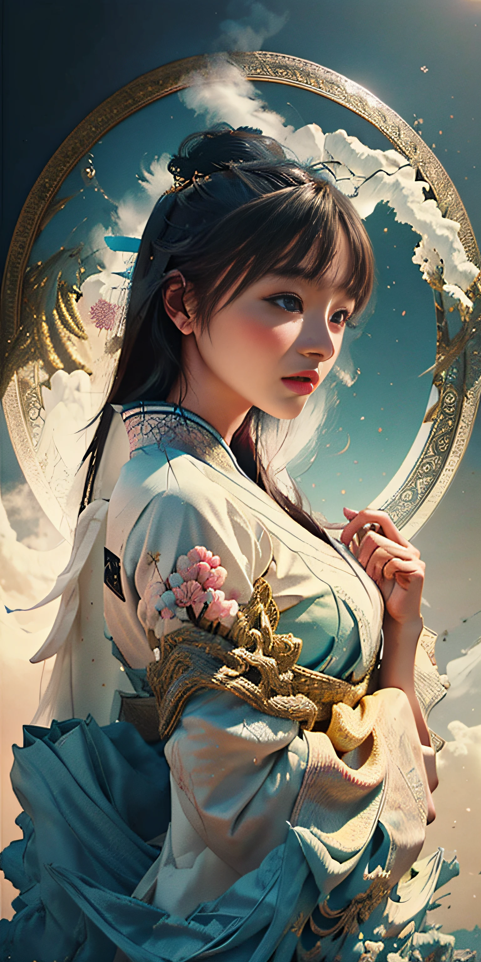 zhongfenghua, 1girl, (full body) solo, hanfu, flower field, blossom, (white smokes:1.3) (photorealistic:1.4), zentangle, mandala, entangle, official art, unity 8k wallpaper, ultra detailed, beautiful and aesthetic, masterpiece,best quality, (dynamic angle:1.4), glowing skin, (floating colorful sparkles:1) the most beautiful form of chaos, elegant, a brutalist designed, vivid colours, romanticism depth of field,
