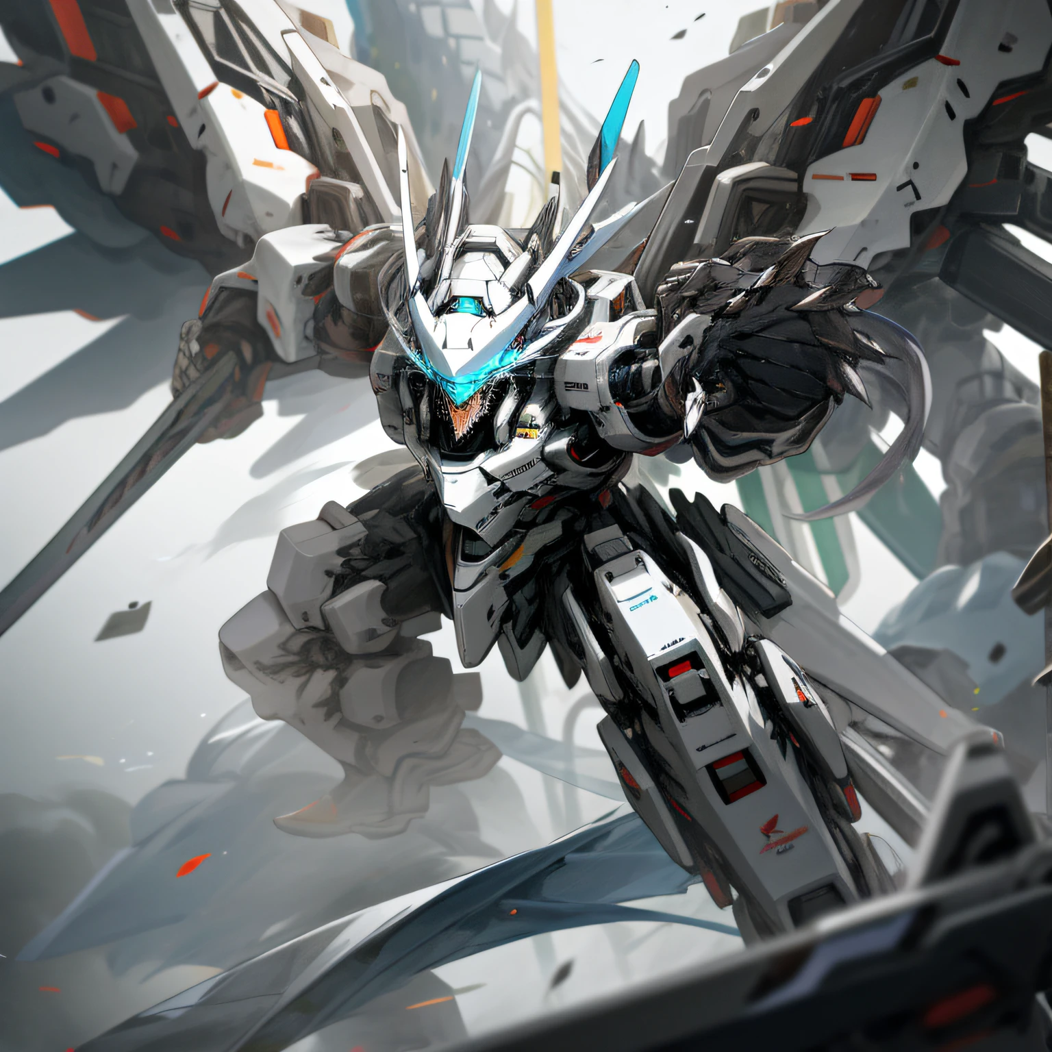 White and black mecha, Dragon helmet, claw weapons