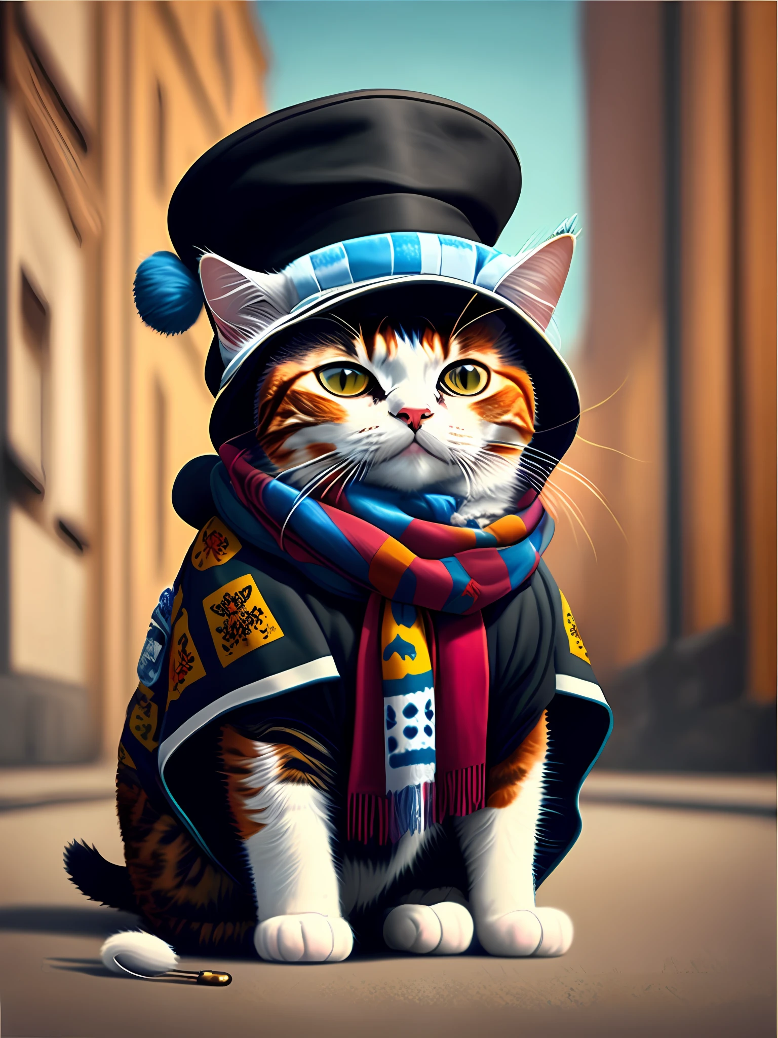 a painting of a cat wearing a hat and scarf, trending in the art station, dressed in punk clothes, detailed hyper realistic rendering, british gang member, street style, intimidating pose, planet of the cats, clothes with fashion, urban samurai, meow, west slavic features, 8 1 5