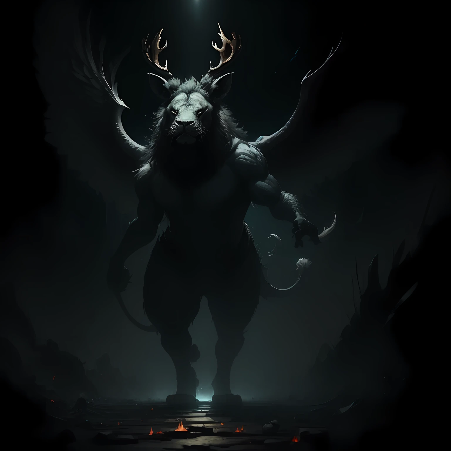 A mythical beast of ancient legends,Words can ward off evil spirits,Like a lion,Monster, The mouth is like a rhinoceros,has horns on its head,Wings,Righteousness,Barefoot,Emerald feathers,Flame feet。Like a deer,Long tail,Two corners,large tall,Majesty,Holy Spirit,Madness,Chinese painting style,short-legged,Creepy, Darkest horror background, ((best qualtiy,8k,tmasterpiece)(high quality and realistic image) --auto