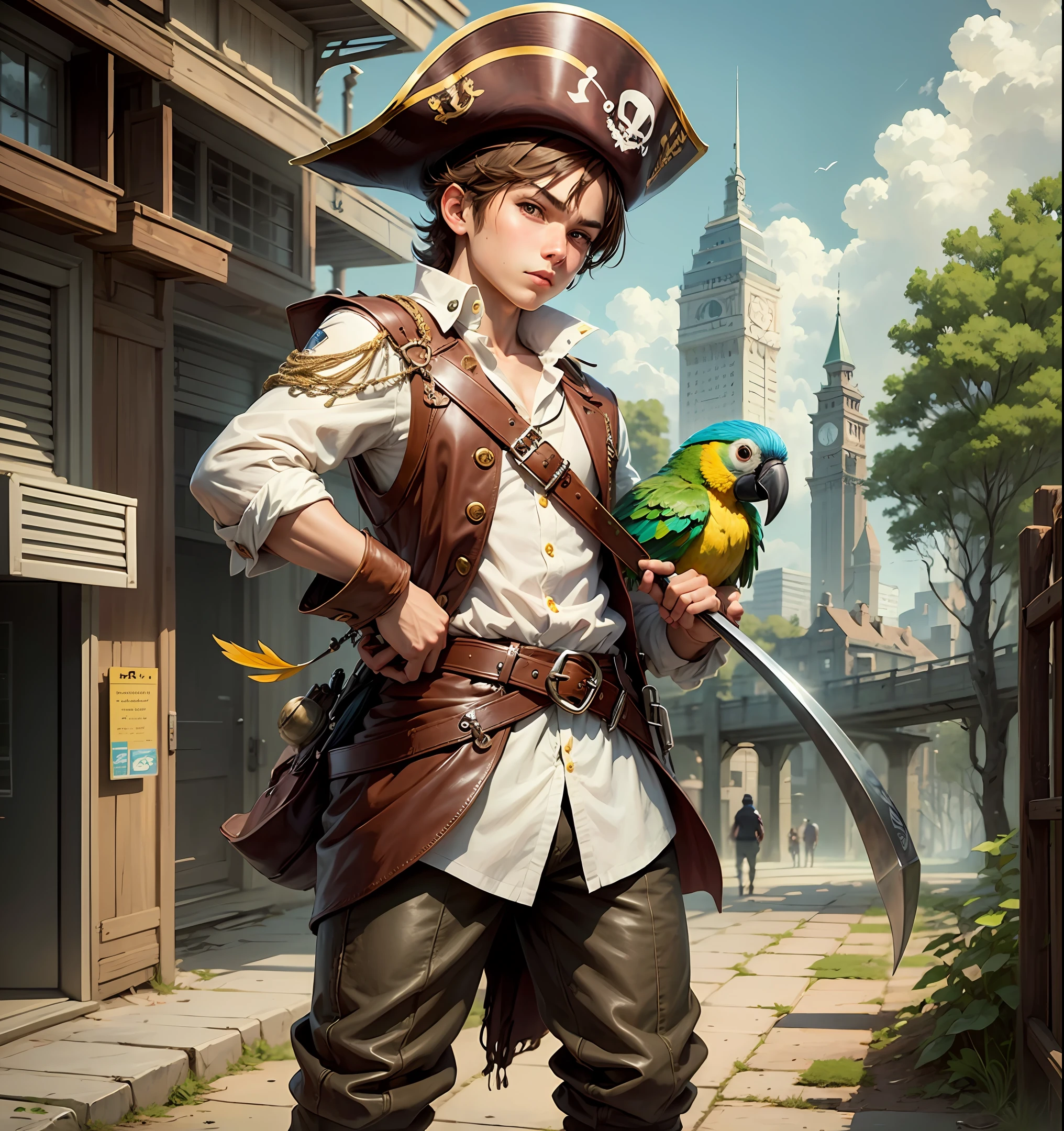 boy with brown hair, brown eyes, wearing a pirate costume with a parrot on his shoulder, holding a scimitar and wearing a tricorn hat. full body image in anime style. --auto --s2
