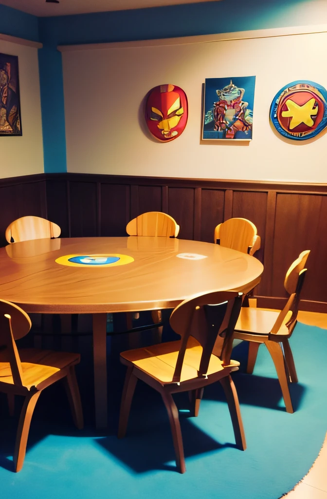Superhero Justice Room, estilo desenho animado, Round table in the center for 3 superheroes, style desenho , simples , estilo cartunesco, Paint and drawing strokes, infantil, desenho infantil , 2D