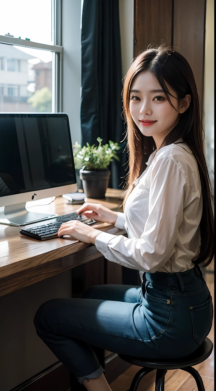 A young working woman，Sweet and lovely。Qingxiu had a smile on her face，Confident and amiable。Wearing a white shirt and black trousers，Feet on black high heels。She stared intently at the computer screen，Hair gently caged behind the ear。The sun is shining outside the window，The room was bright。