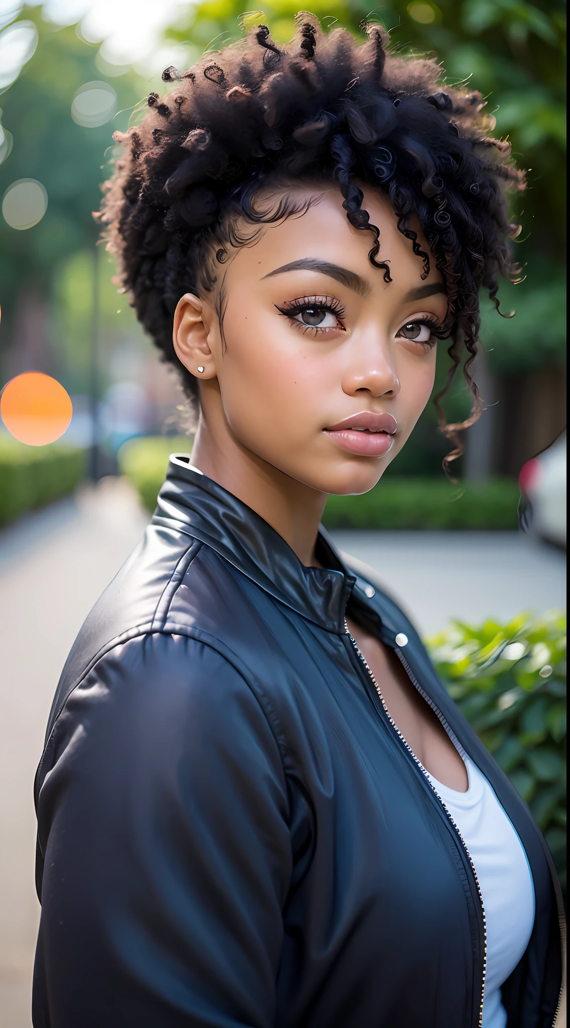 African American woman, ((best quality)), ((masterpiece)), (ultra-detailed), high quality, blue-black jacket, intricate detail, natural lighting, outdoor, warm colors, (bokeh), (sharp focus on eyes), (highly detailed face, skin texture),