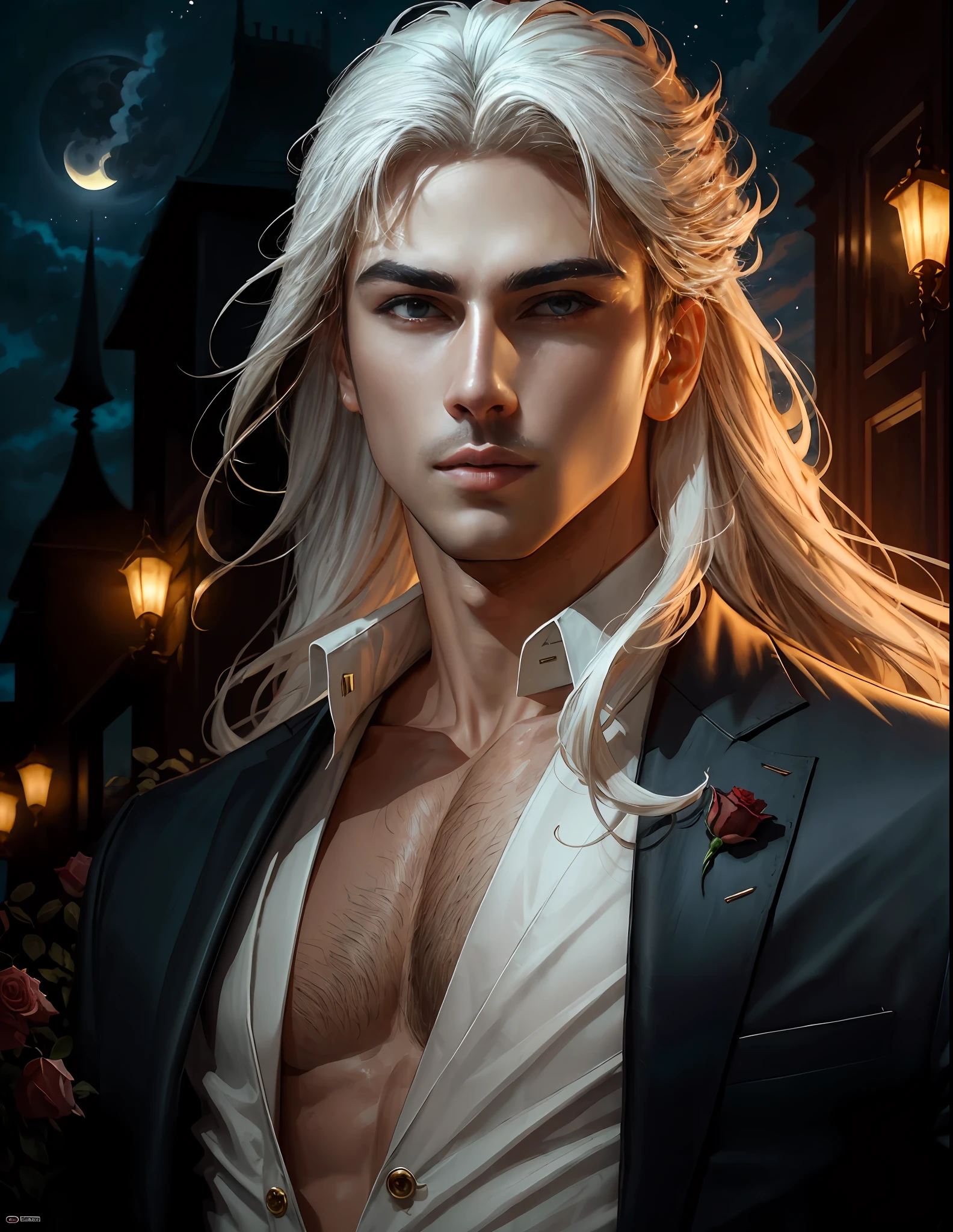 masterpiece, highest quality, (solo focus), (perfect face:1.1), (high detail:1.1),dramatic, 1guy, (pale skin), long white hair, white eyes, [light eyebrows], solo, long hair, moon, night, white luxury suit, covered navel, pouty lips, (beauty marks),  palace, detailed background, art by artgerm and greg rutkowski,  cinematic lighting, roses, suggestive