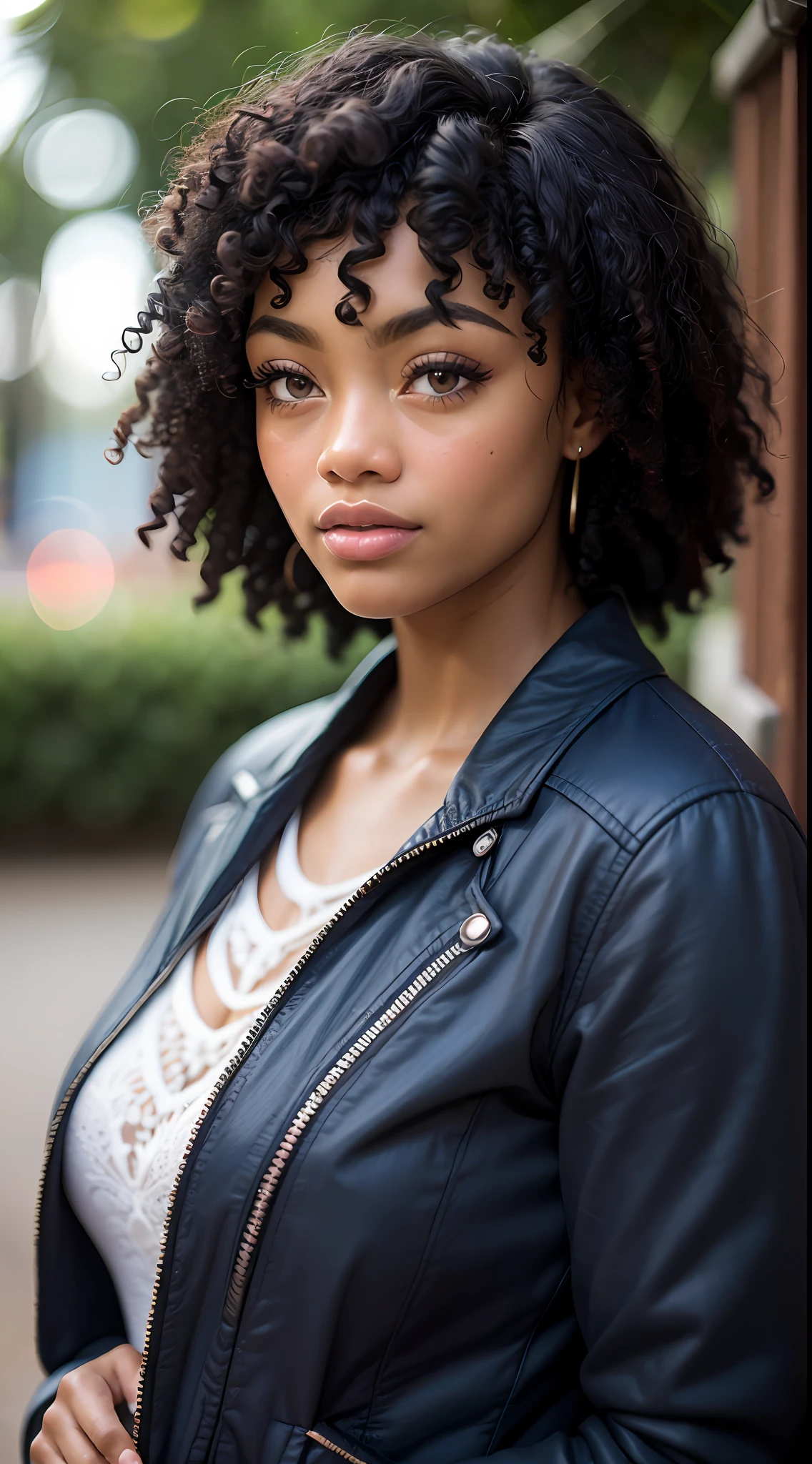 African American woman, ((best quality)), ((masterpiece)), (ultra-detailed), high quality, blue-black jacket, intricate detail, natural lighting, outdoor, warm colors, (bokeh), (sharp focus on eyes), (highly detailed face, skin texture),