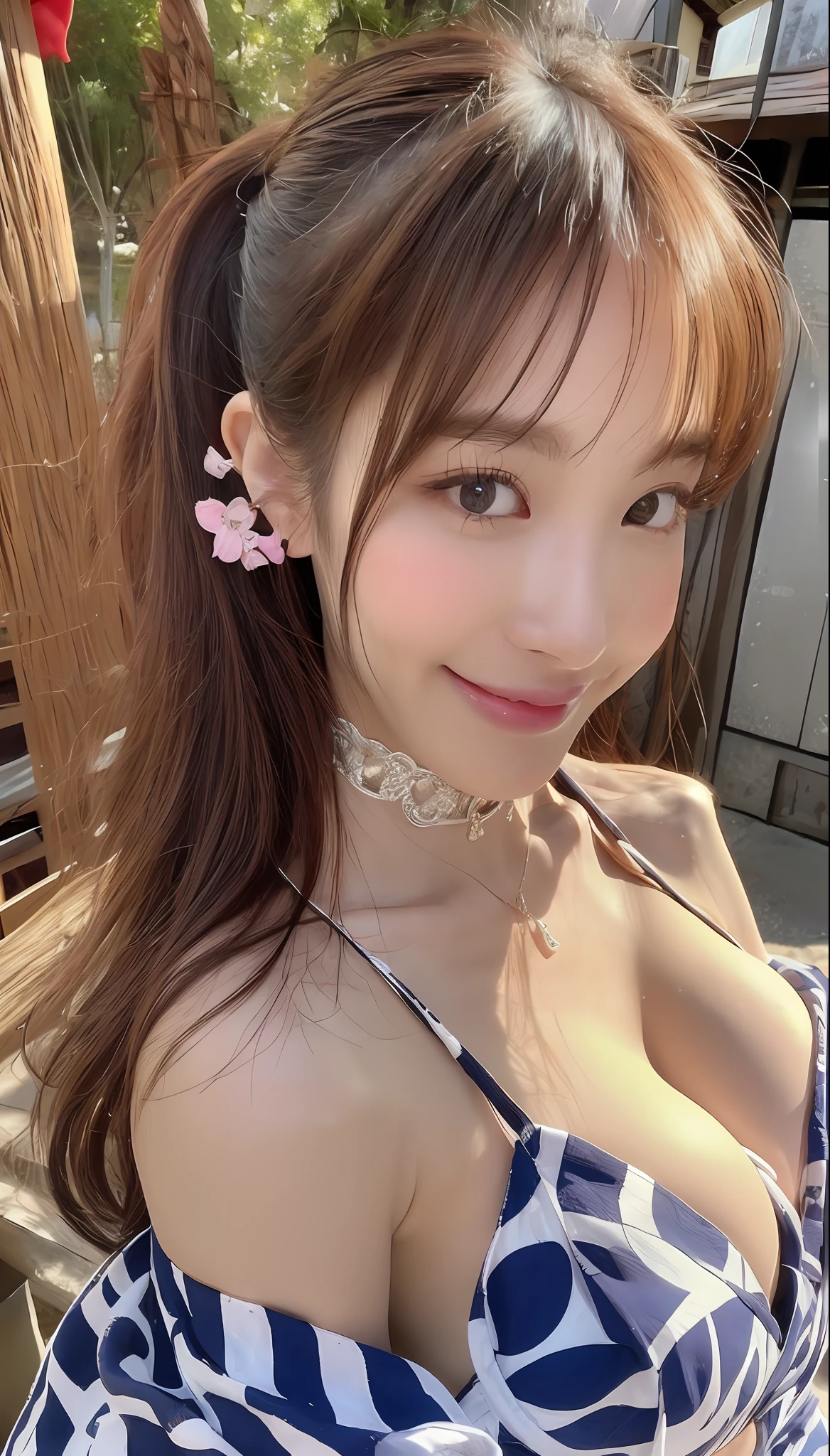 ((Best quality, 8k, Masterpiece :1.3)), 1girl, beautiful woman with emphasis on slim abs: 1.3, (casual hairstyle, big breasts: 1.2), (full body:1.6), ultra-detailed face, incredibly cute under eye moles , delicate eyes, double eyelids, soft breasts, smile, diamond choker necklace, jewely, exposed cleavage, her face, realistic, detailed skin, extreme light and shadow, wearing yukata Japanese summer festival, wearing hair ribbon best quality, (in japanese shrine:1.5), (realistic, photorealistic: 1.37), extreme light and shadow, disheveled hair, master work, rich details, (fine facial features), (highest quality photo), (masterpiece), (detailed eyes), look in front of you eyes