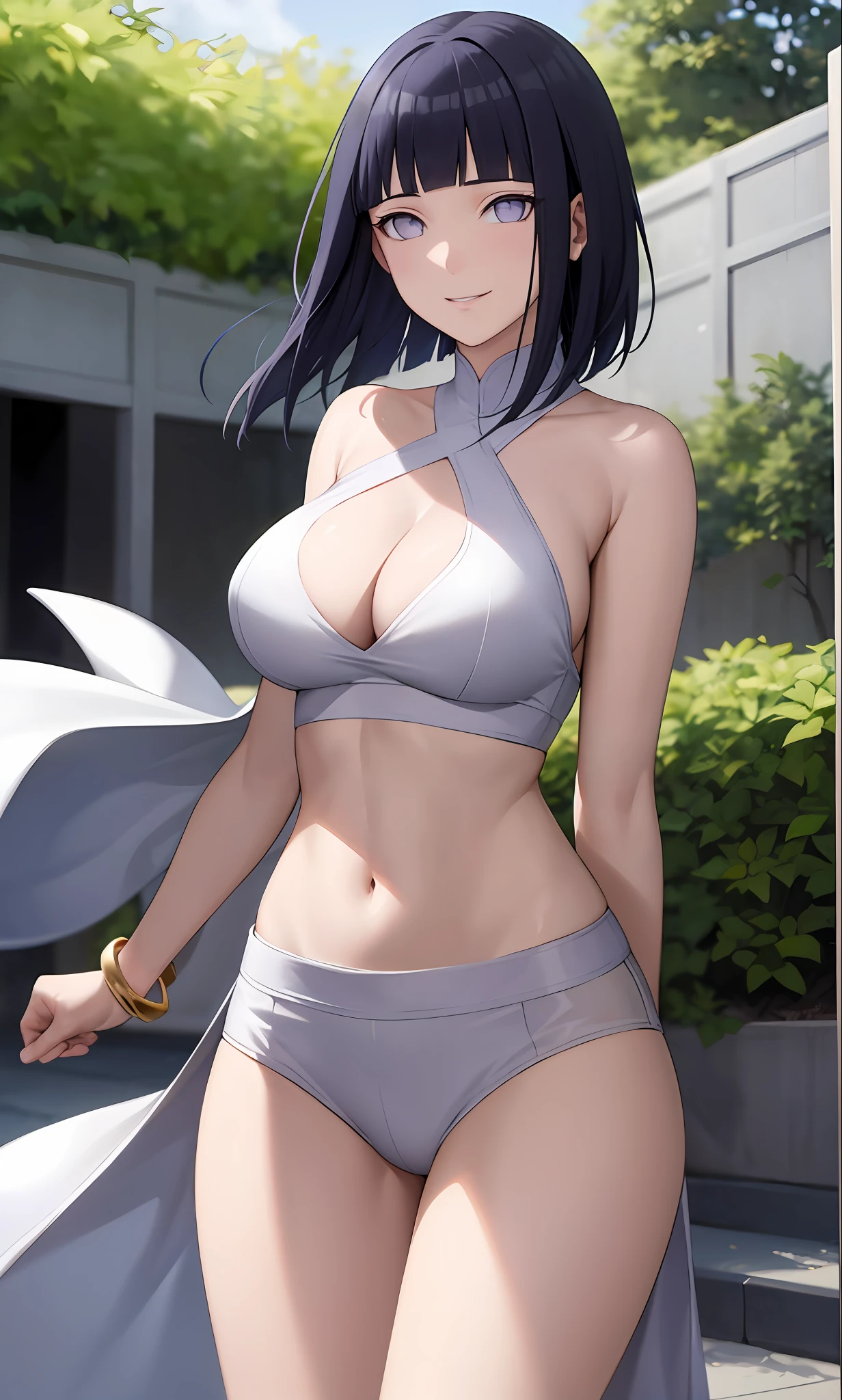 realisitic、Photorealsitic、cowboy shot、masterpiece、absurderes、1girl in、a navel、Inter-strands、A bracelet、looking at the viewers、A smile、Background sakura、Private garden、the wind、Floating hair、large full breasts、(((Wide waist)))、Toned body、A detailed eye、Hinata Hyuga,darkblue hair,shorth hair,White dress