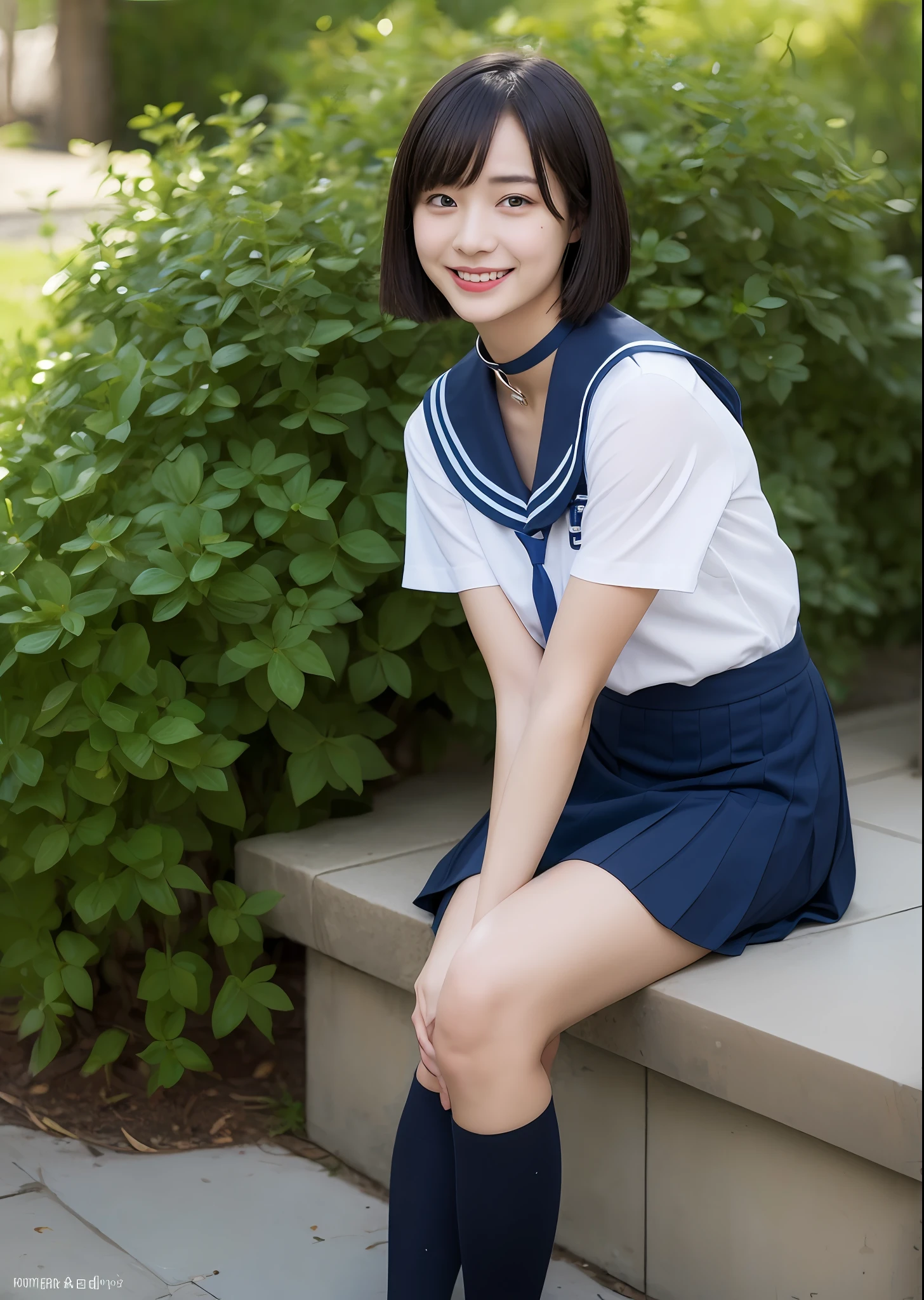 1girl in, bangss, Black_Choker, Black_hair, Blue_sailor_Collar, Blue_Skirt, bush, a choker, 鎖骨, tag, 耳Nipple Ring, florals, jewely, s lips, up looking_で_viewer, plein air, a plant, pleats_Skirt, potted plant_plant, Wagas, sailor_Collar, School_uniform, serafuku, The shirt, Short_hair, Short_sleeves, sitting on, skirt by the, A smile, 独奏, a park