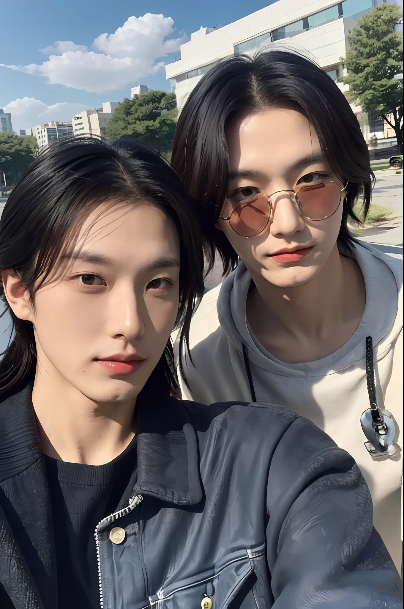 Selfie, a man and his boyfriend, park, paparazzi footage, sunny weather, video screenshot, low quality, frame