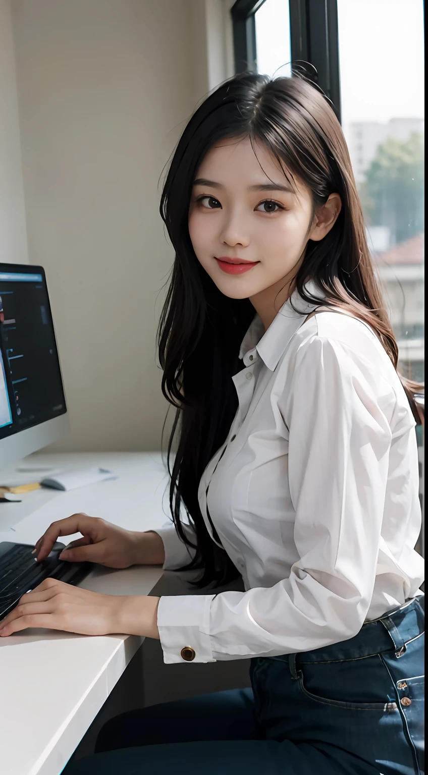 A young working woman，Sweet and lovely。Qingxiu had a smile on her face，Confident and amiable。Wearing a white shirt and black trousers，Feet on black high heels。She stared intently at the computer screen，Hair gently caged behind the ear。The sun is shining outside the window，The room was bright。