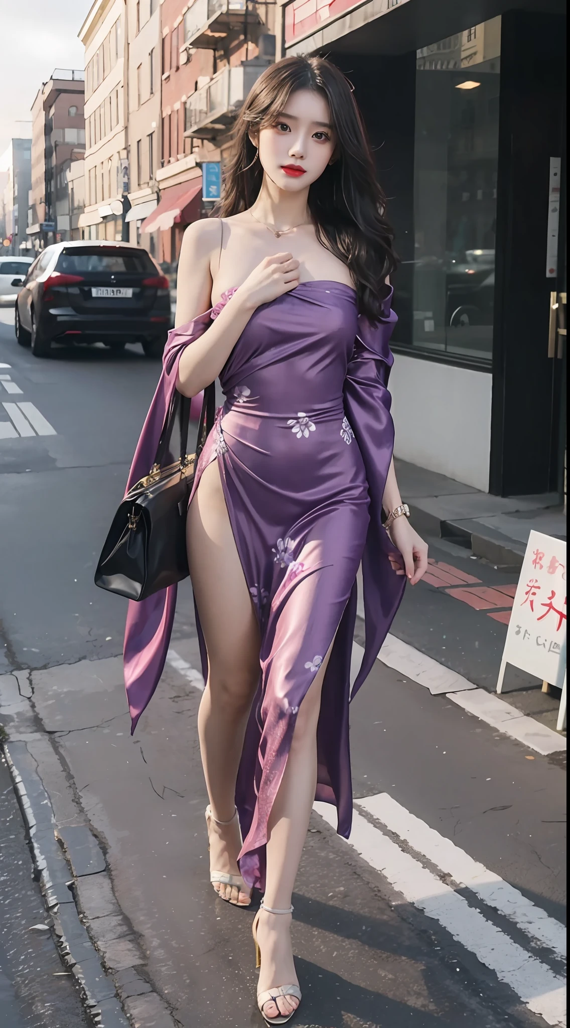 one-girl，Full body photo，Supermodel figure，Draped in a printed silk shawl，Wearing a silk dress，Christian Dior purple dress，Cartier jewelry，Ferragamo heels，realisticlying，high detal，very fine and beautiful，Raised sexy，极致漂亮‮腻细‬的，(light make-up)，Long black hair，细腻漂亮了‮皙白‬的皮肤，精致完整‮五的‬官，脸部‮画刻‬详细，tall nose bridge，Red lips，漂亮温‮美柔‬少女，Smooth hair，Extremely delicate hair