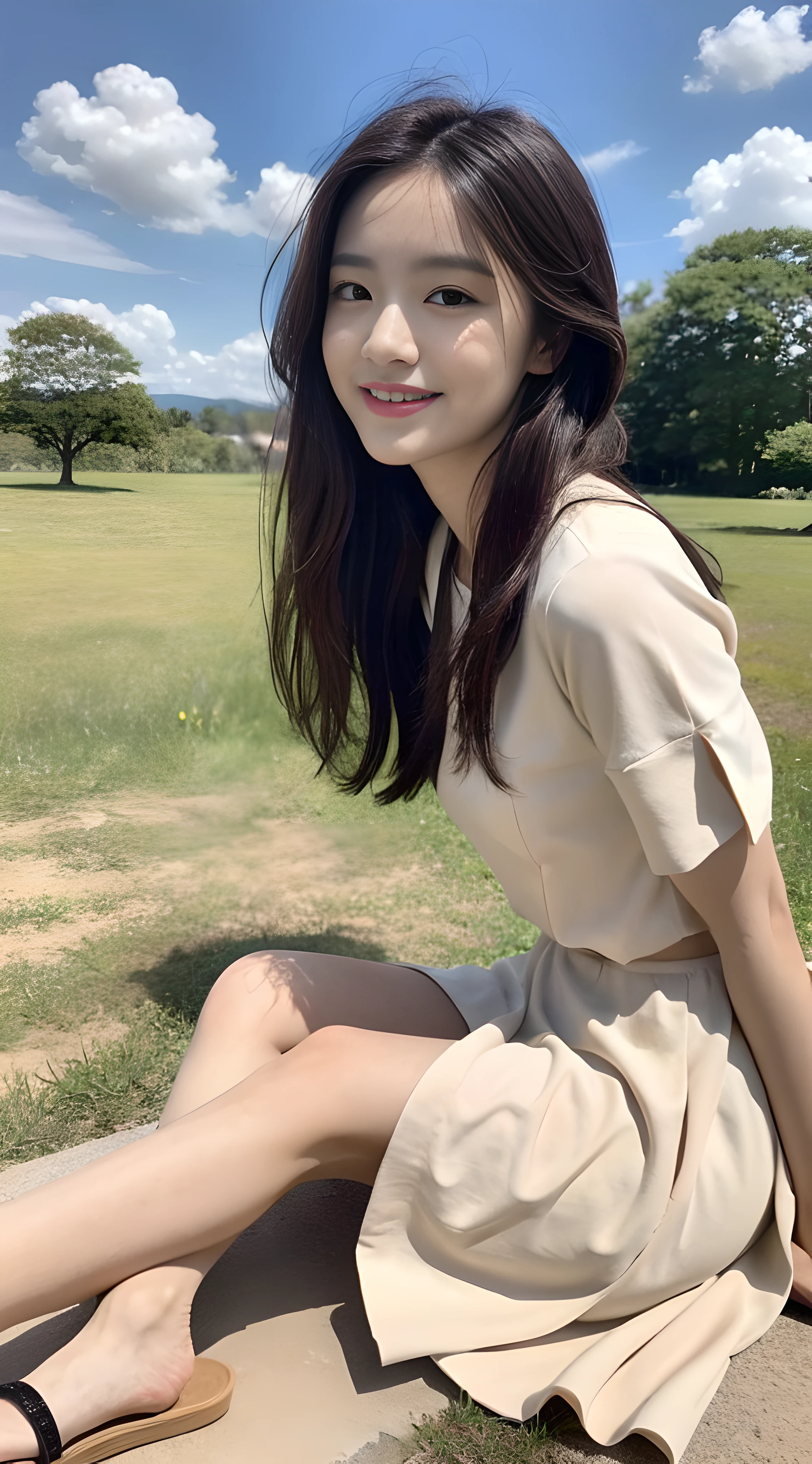 A nice and cute girl,Full body photo,Extremely beautiful and delicate,Black color hair,A sweet smile,Delicate and beautiful fair skin,Realistic and realistic,exquisite and complete facial features,Detailed depiction of the face,tall nose bridge,Smooth hair,extremely detail hair,Feminine temperament,Fill your face light,Tall and tall,Thin,Realiy,Hyper-realism,sandals,full body shot shot,Forward tilt angle,Extreme picture quality,Highest precision,Precise and perfect human anatomy。with blue sky and white clouds,Sitting on the Steppe,Clear forest background,with blue sky and white clouds,rays of sunshine,cattle and sheep,(White chiffon skirt)Panties are clearly visible. telephoto shot,Express the landscape,Highlight portrait。Delicate fingers。