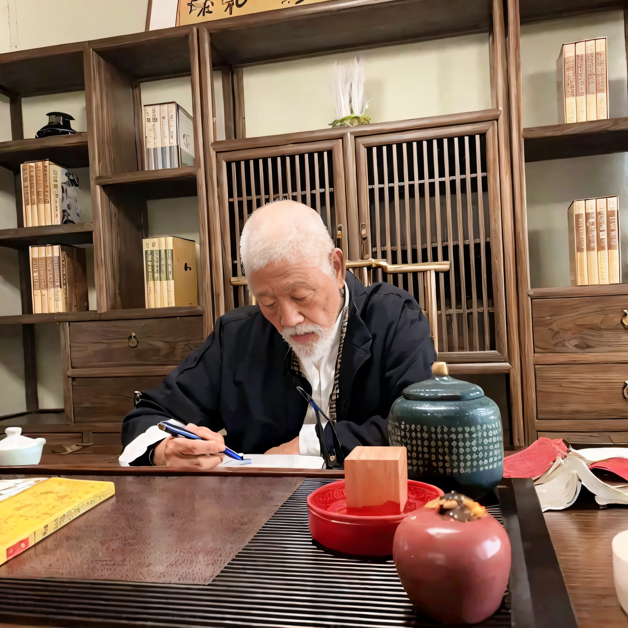 There was a man sitting at a table writing a book, inspired by Sesshū Tōyō, he is about 8 0 , riichi ueshiba, Chiba Yuda, inspired by Itō Jakuchū, inspired by Wu Daozi, inspired by Kanō Tanshin