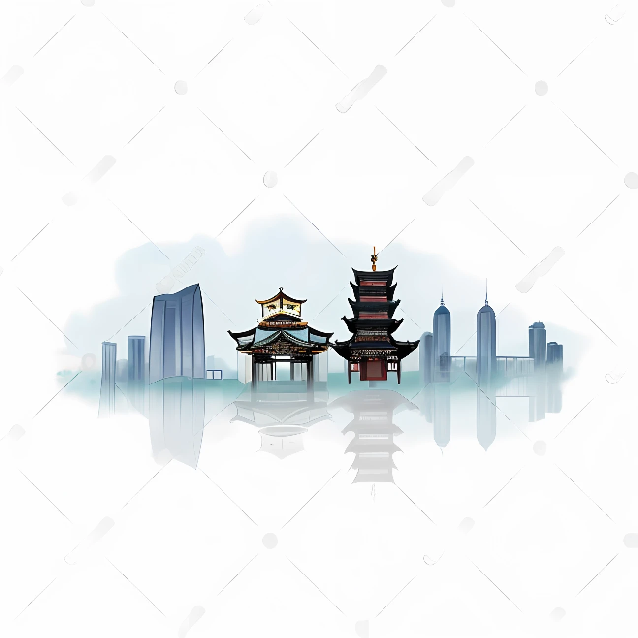 A cartoon illustration of a city with a pagoda and a bridge, beijing, urban in the background, urban backdrop, City in the background, urban backdrop, Chinese watercolor style, City view, Temple background, 1 8 0 0 dpi, day cityscape, shanghai city, Ancient Chinese architecture, Chinese architecture, town background, Hangzhou, shanghai, Without background