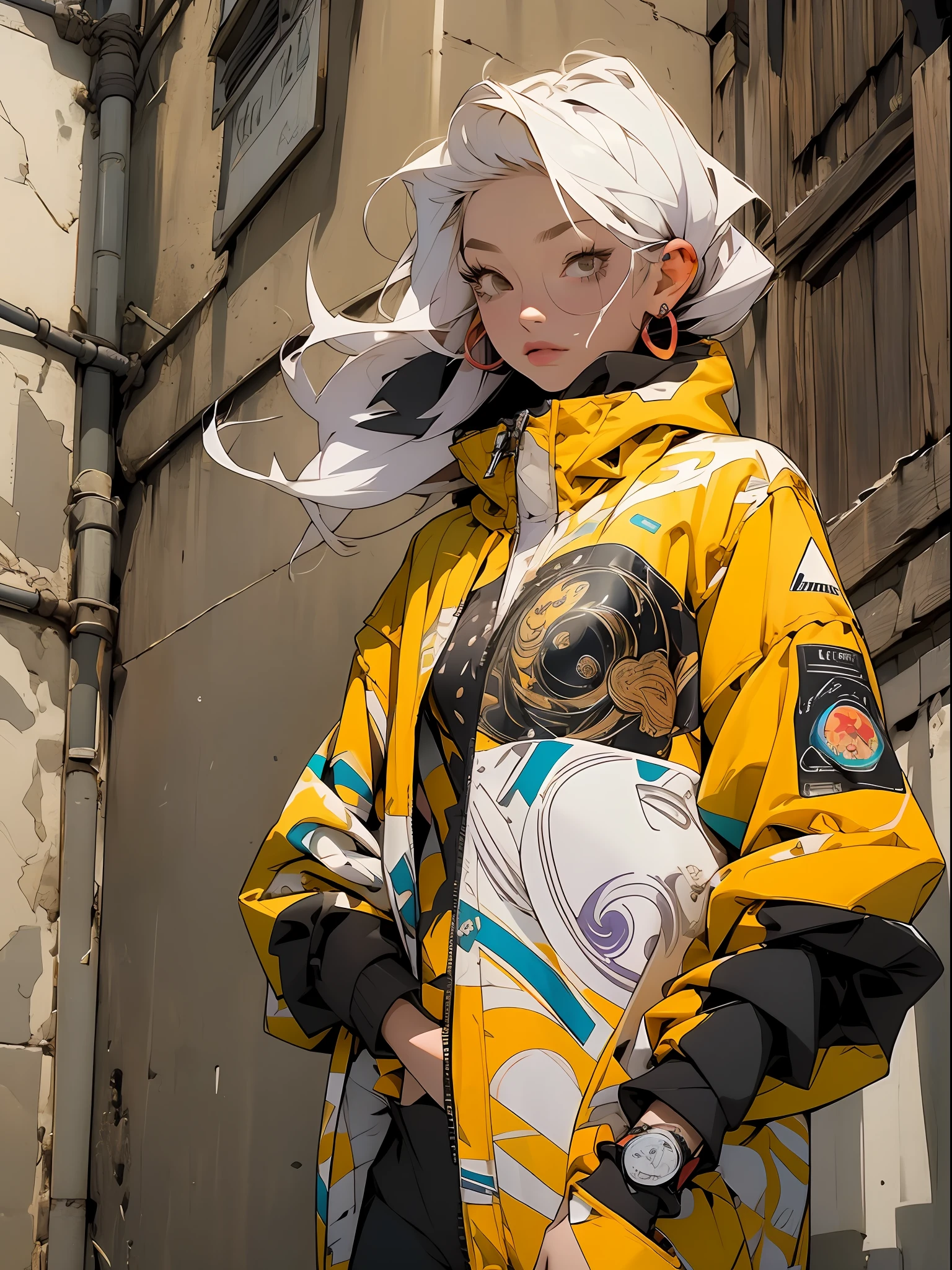 roxo: 1.5, laranja: 1.1, Branco: 1.3, amarelo: 1.3, (garota rapper com cabelo pavor), tatuagens, (roupas puffer do poder: 1.2), flor, folhas, mistborn, linhas, background circles