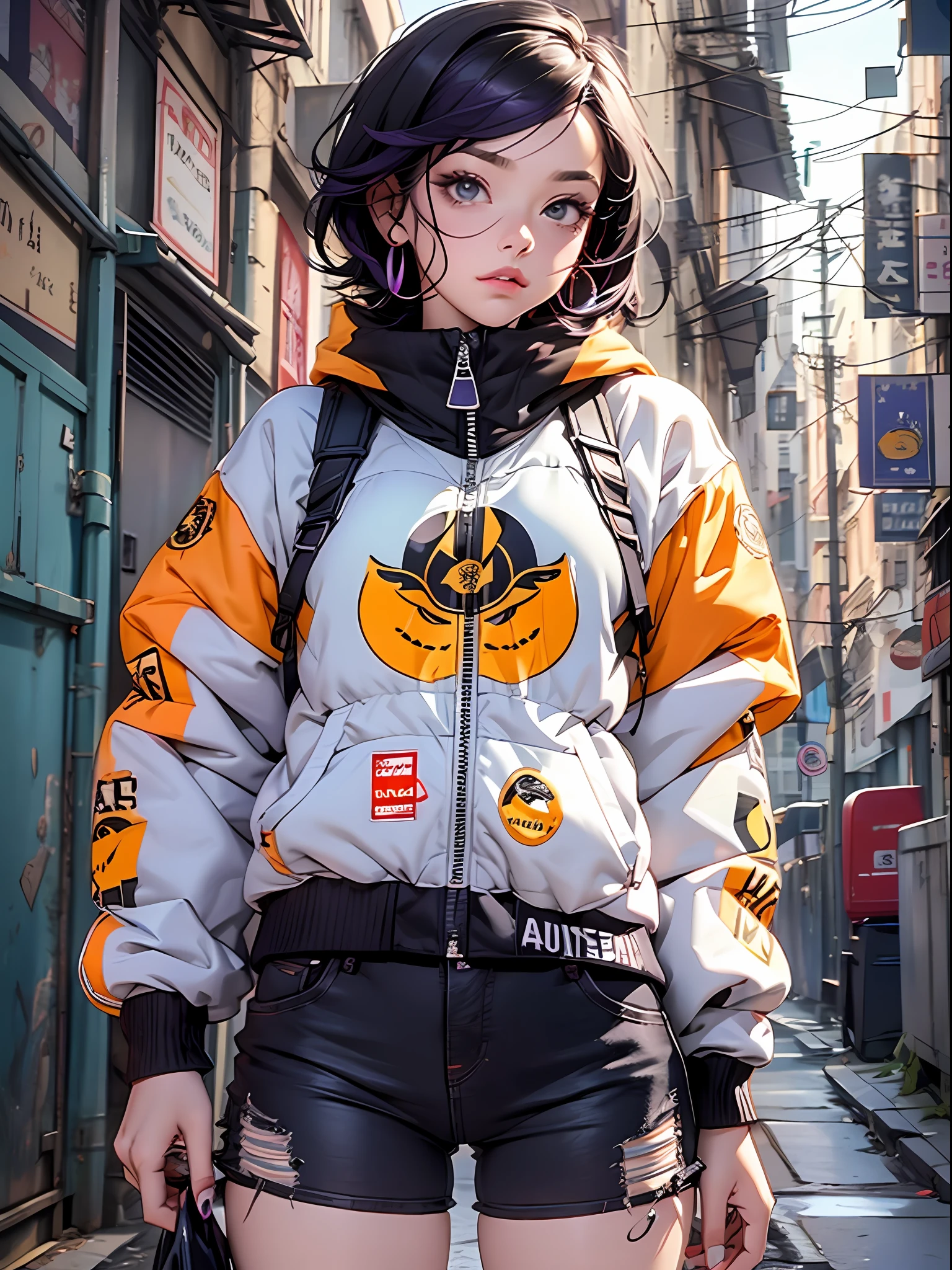 roxo: 1.5, laranja: 1.1, Branco: 1.3, amarelo: 1.3, (garota rapper com cabelo pavor), tatuagens, (roupas puffer do poder: 1.2), flor, folhas, mistborn, linhas, background circles