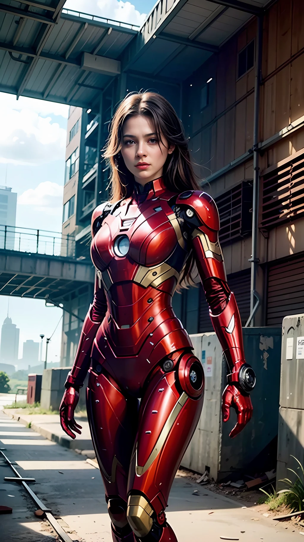 8k, realistic, attractive, highly detailed, a 20 year old girl a sexy and attractive woman inspired by Iron Man wearing a shiny Iron Man mech. She dresses with sexiness and confidence, perfectly interpreting Iron Man&#39;s strength and charisma. The abandoned warehouse serves as a backdrop, creating a unique atmosphere that highlights her bravery and perseverance. The cloudy sky adds a sense of tension and mystery to the whole scene. This high-definition, high-quality picture will bring you a shocking visual experience. The detailed abandoned warehouse and shiny mechs will keep your eyes on you. oc rendering, dramatic lighting, award winning quality