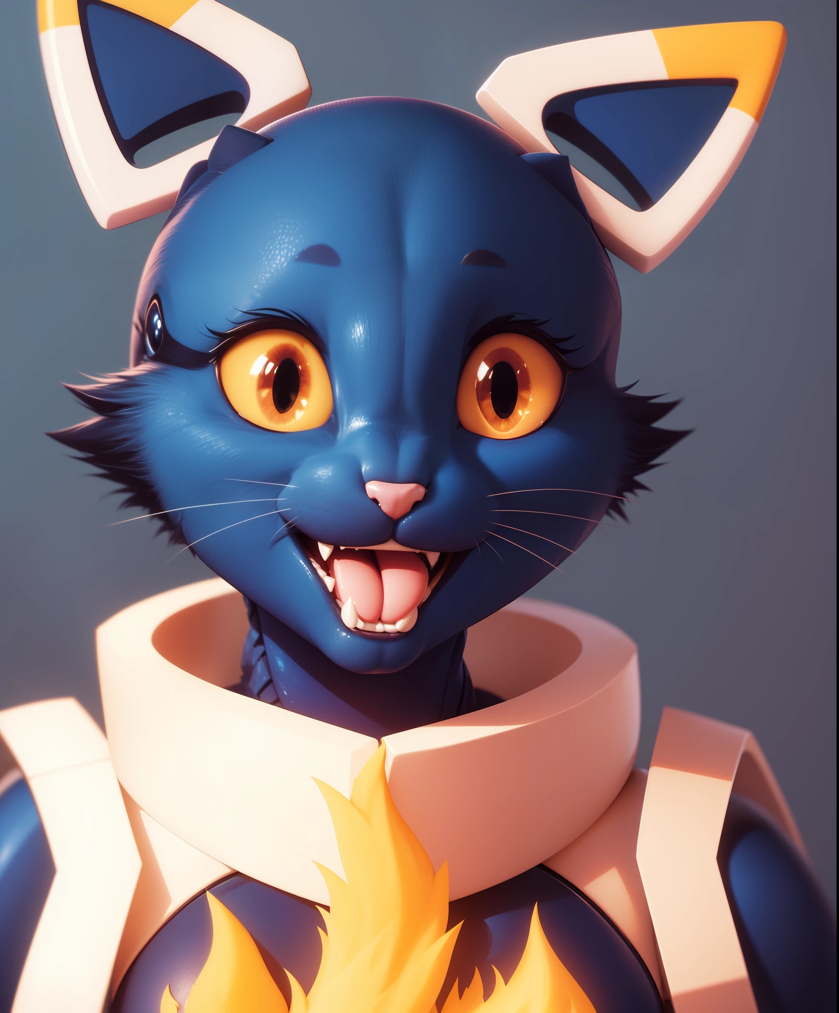 esix, cat girl, furry anthro, floating ears, flaming tail, portrait, blue body, solo, (best quality), sexy pose, smile, black-yellow eyes, simple blue background,