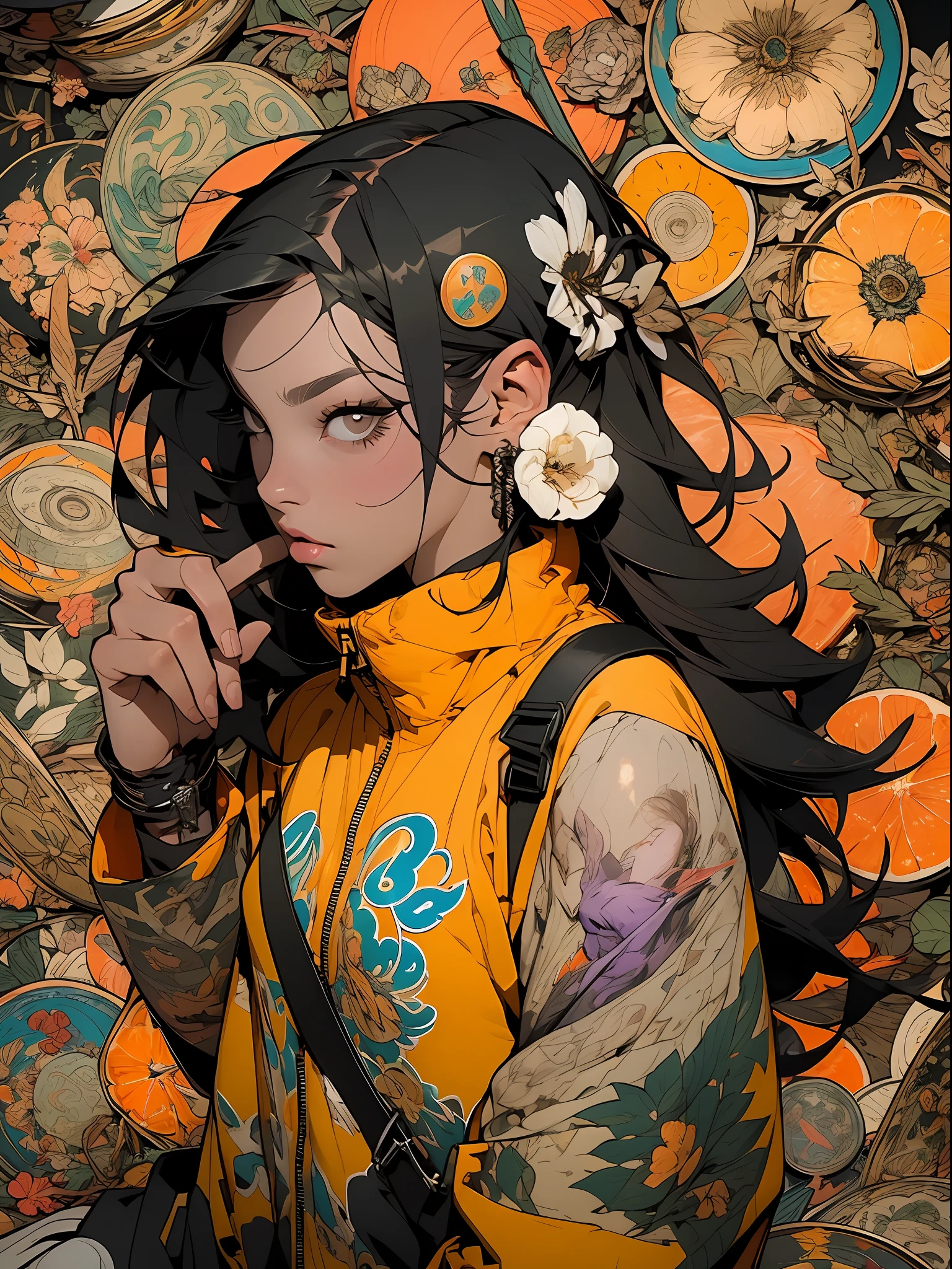 roxo: 1.5, laranja: 1.1, Branco: 1.3, amarelo: 1.3, (garota rapper com cabelo pavor), tatuagens, (roupas puffer do poder: 1.2), flor, folhas, mistborn, linhas, background circles