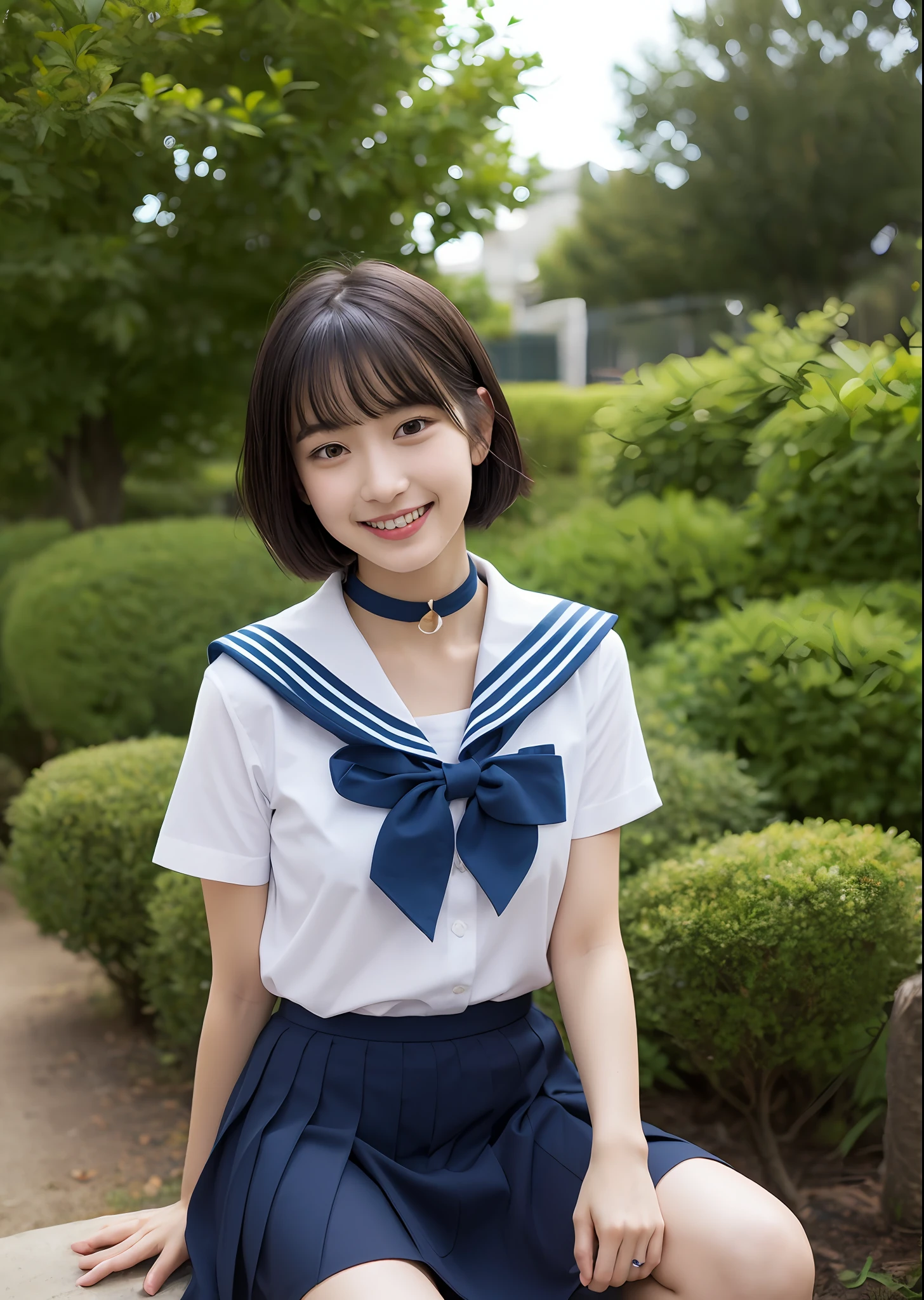 1girl in, bangss, Black_Choker, Black_hair, Blue_sailor_Collar, Blue_Skirt, bush, a choker, 鎖骨, tag, 耳Nipple Ring, florals, jewely, s lips, up looking_で_viewer, plein air, a plant, pleats_Skirt, potted plant_plant, Wagas, sailor_Collar, School_uniform, serafuku, The shirt, Short_hair, Short_sleeves, sitting on, skirt by the, A smile, 独奏, a park