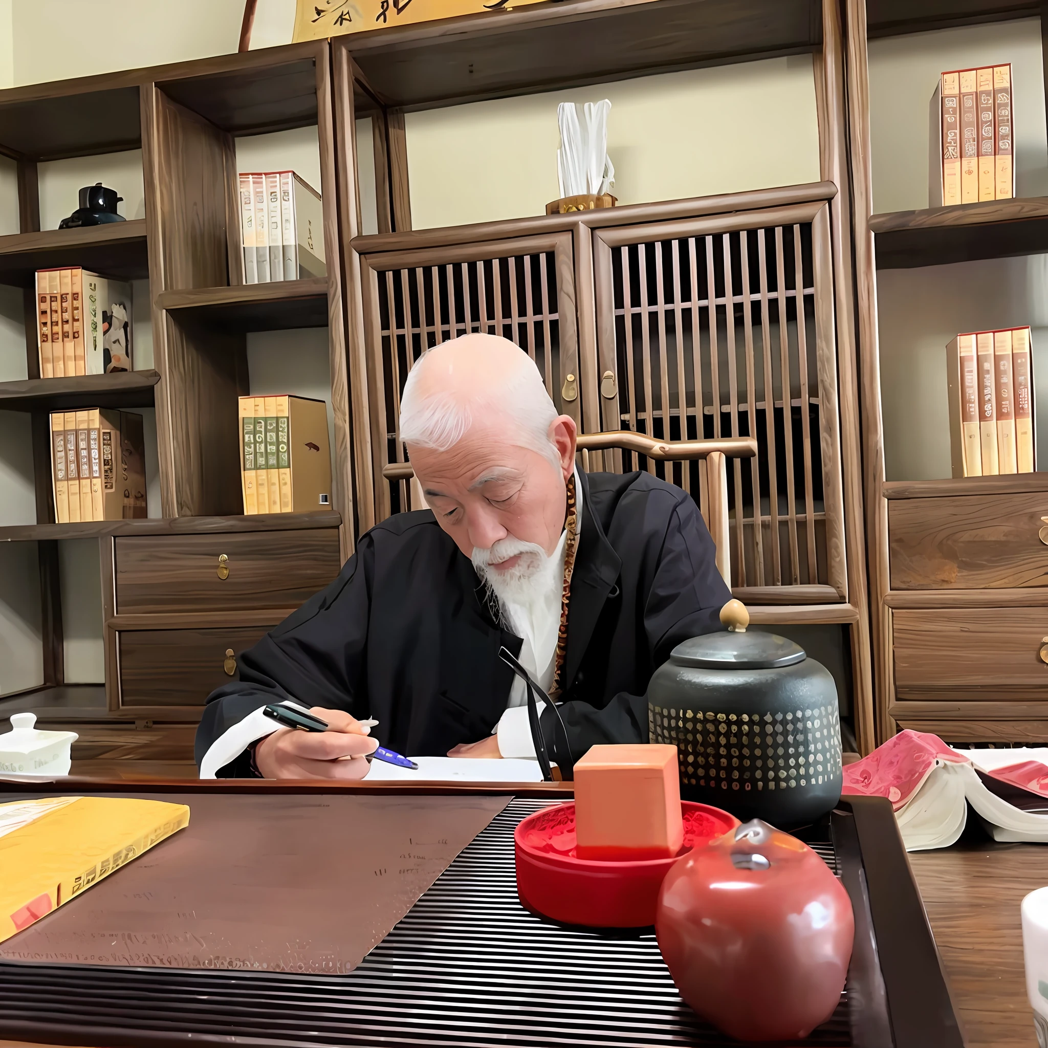 There was a man sitting at a table writing a book, inspired by Sesshū Tōyō, he is about 8 0 years old, riichi ueshiba, Chiba Yuda, inspired by Itō Jakuchū, inspired by Wu Daozi, inspired by Kanō Tanshin