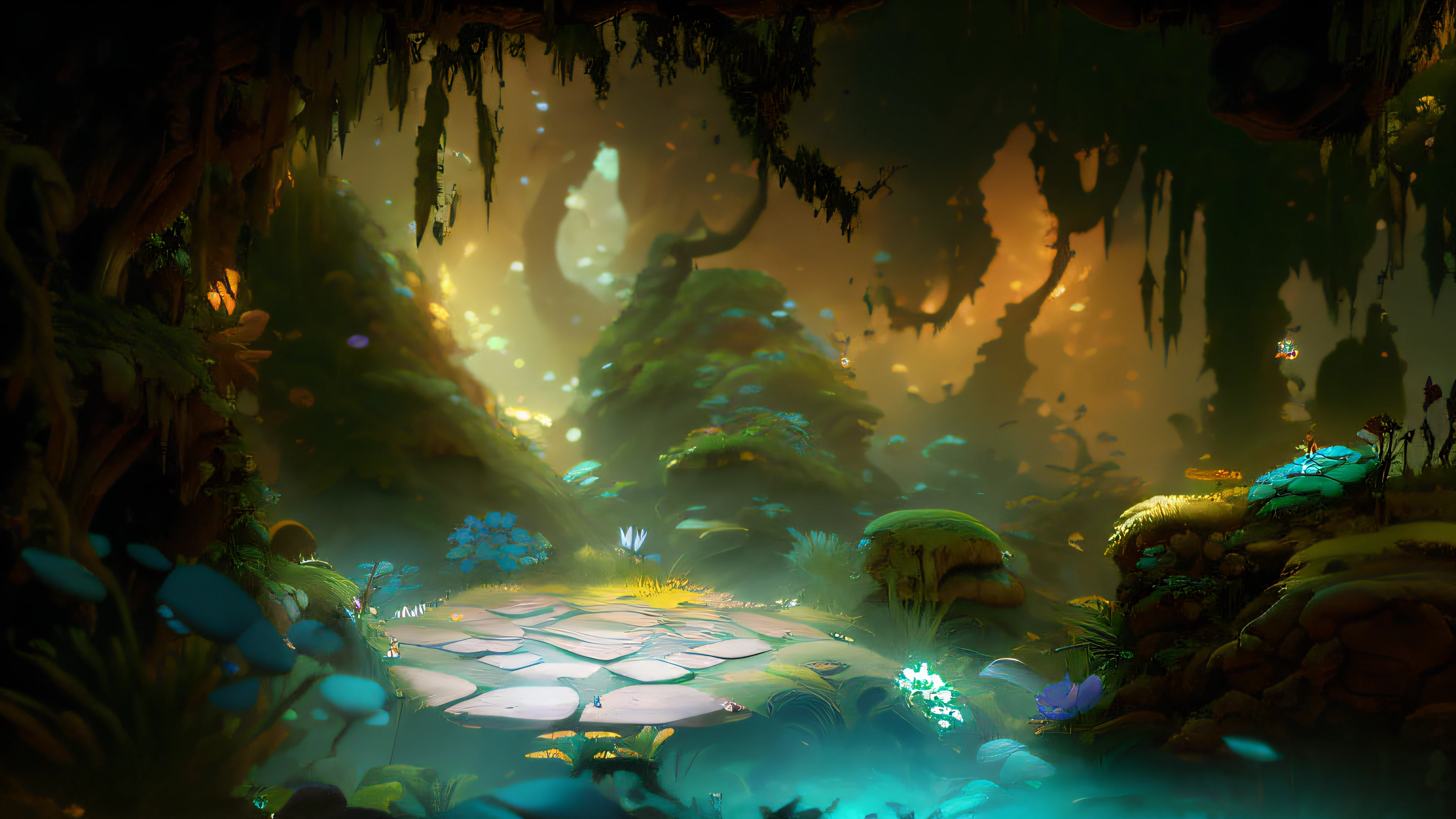 (macro)，In ancient caves there are:(Dream Stone Platform+Fantasy flowers+Fantasy smoke+Fantasy Philosopher's Stone+Fantasy branches+fantasticalplants)，The round stone platform has the image of Alafeld，Ori and the Blind Forest，Feel the atmosphere of the cave wrapping,  Elves and magic，Glowing blue plants in a quagmire,  ancient wood environment，Best material，best qualtiy，Best results