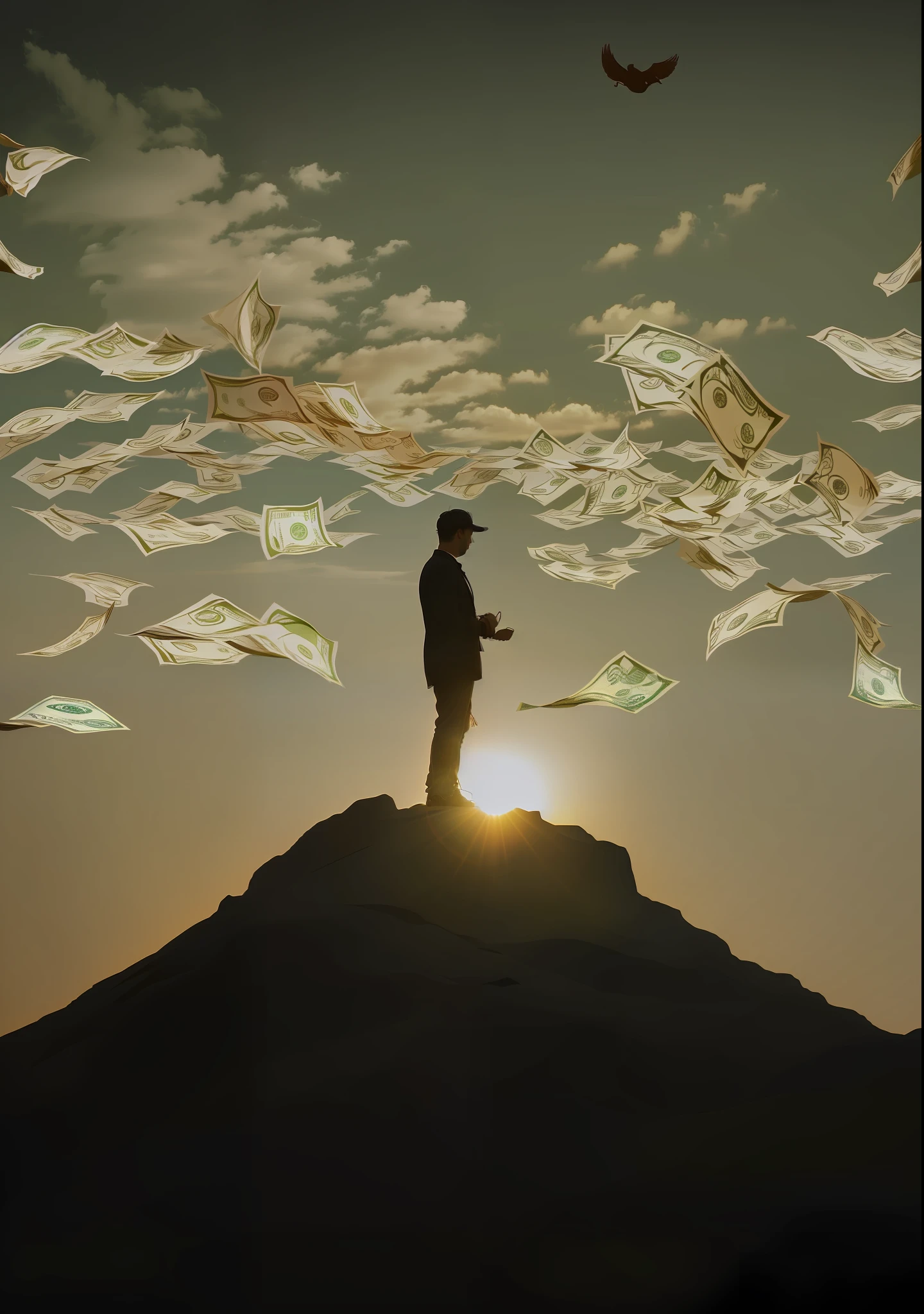 There's a person standing on a hill with money flying around, money falling from the sky, dinheiro, feito de dinheiro, raining dollars, cash, Vencedor do concurso Pixabay, Directed by: Kurt Roesch, personification of greed, the wise man is riding on top, Pilhas, Directed by: Niko Henrichon, heaven in the top, Detalhes ricos, Directed by: Matija Jama 4k foto