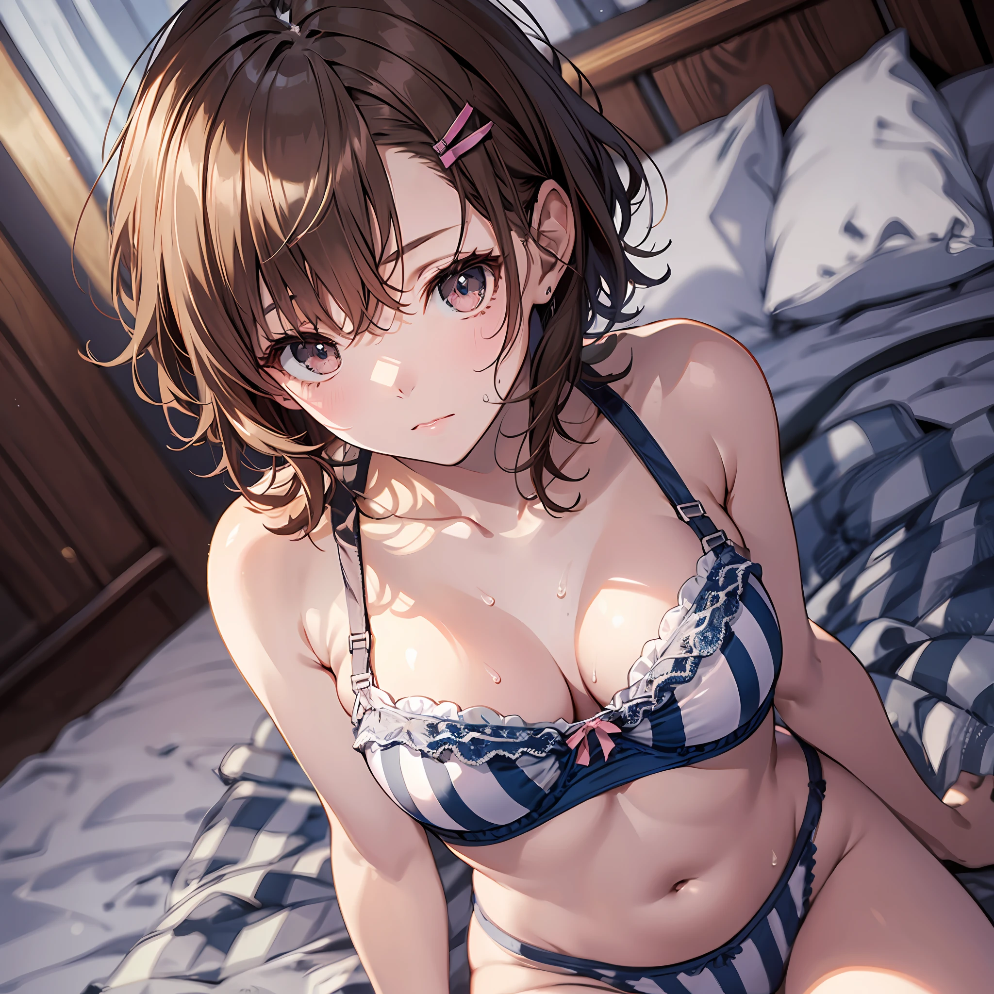 NSFW ４ｋqulity, top-quality, Misaka_mikoto, Brown-eyed, Short_hair, subminiature_Breast,）On a hotel bed　Blue lingerie　１６age　sexypose　Bewitching　BREAK White Bra for heavy sweat、Pink Bra、Blue Bra、Green Bra、Greybra、Light grey bra、 striped bra、Polka dot bra、Plaid bra、Cute Bra、Kids Bra、Sportsbra、camisole、cotton panties