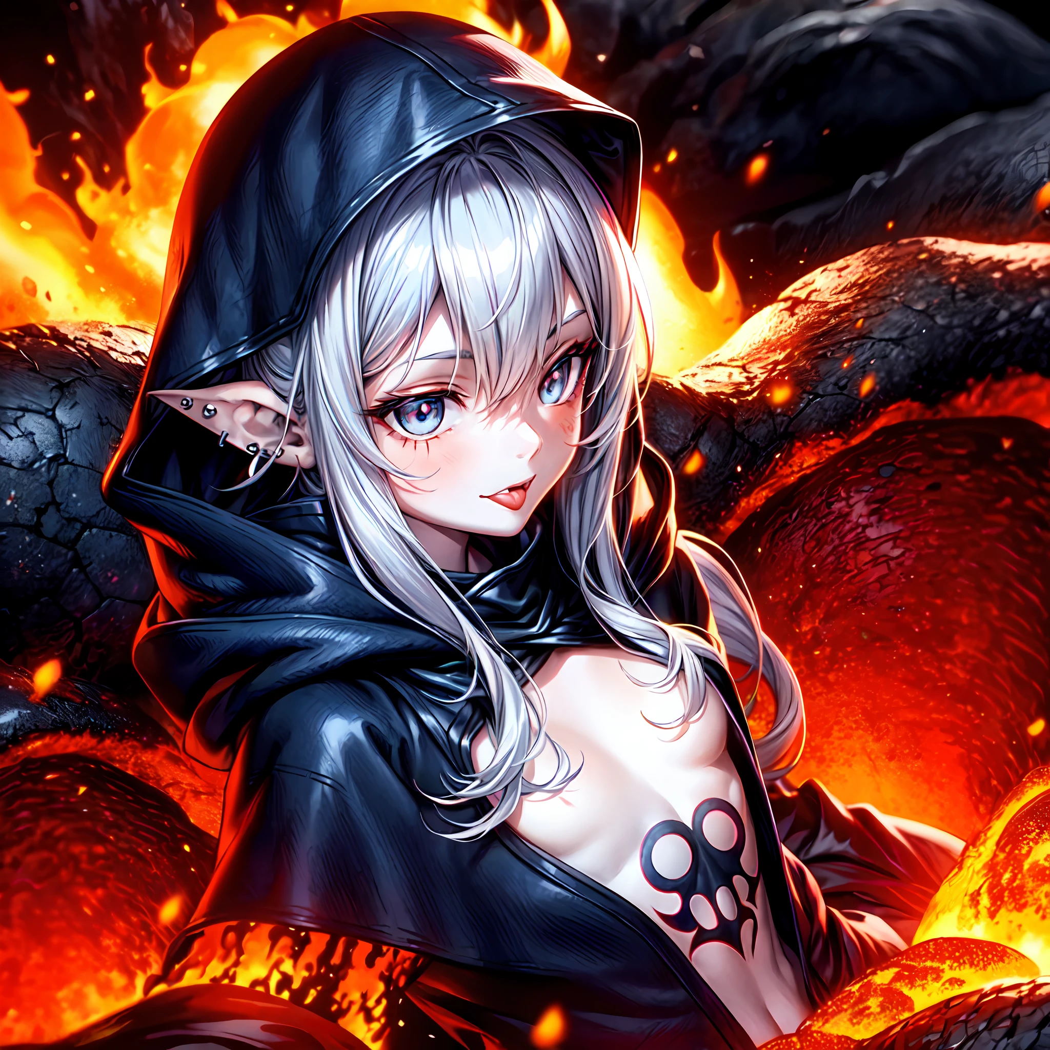 1girl,Solo,((portrait),Bathing),Lava Girl,lava,the magma,Lava splash,(eruption),tongue,spiky_Ears,Piercing,Small chest, The tattoo,Blue eyes,hair messy,Long hair,Silver hair,Black cloak,cloak with hood,demon tail