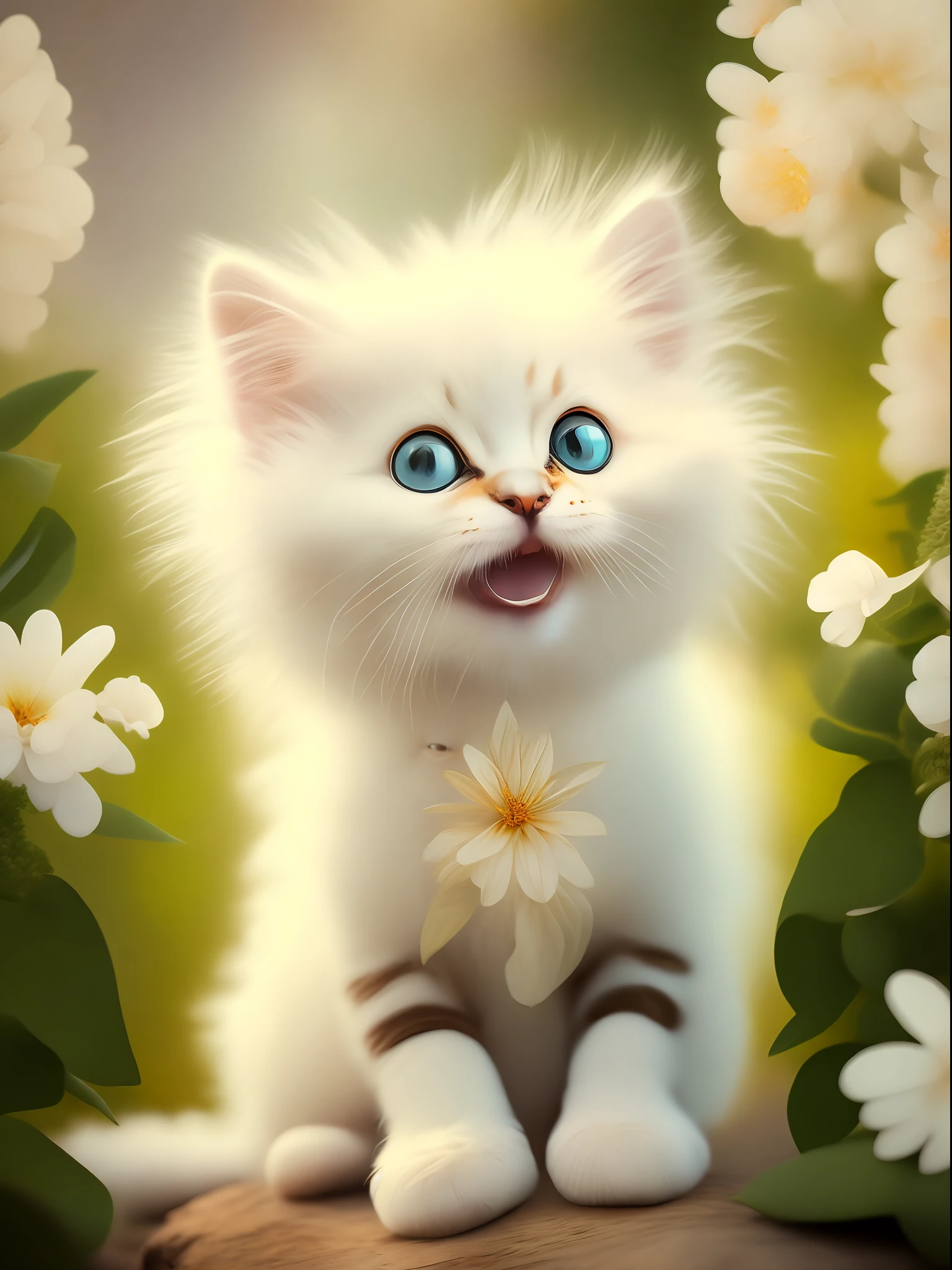 Very cute furry white tropical punk kitten, big eyes, flowers, bushes, full body, open mouth, laugh, professional light, depth of field 8k, golden magic moment, professional photography, octane rendering, super realistic - amazing sunlight, dynamic composition, photography, sharp focus, background bokeh, open mouth, laugh !!!