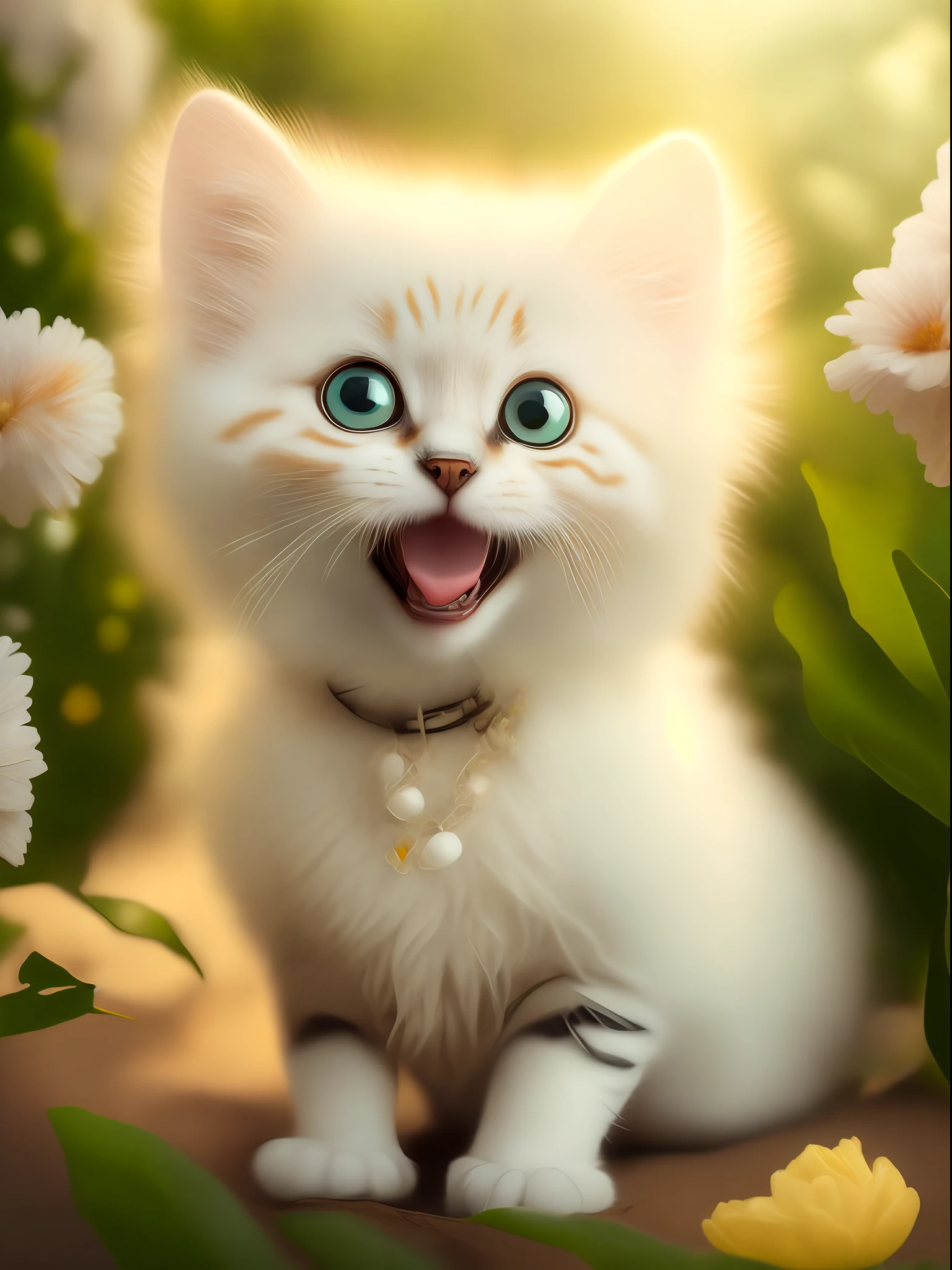 Very cute furry white tropical punk kitten, big eyes, flowers, bushes, full body, open mouth, laugh, professional light, depth of field 8k, golden magic moment, professional photography, octane rendering, super realistic - amazing sunlight, dynamic composition, photography, sharp focus, background bokeh, open mouth, laugh !!!
