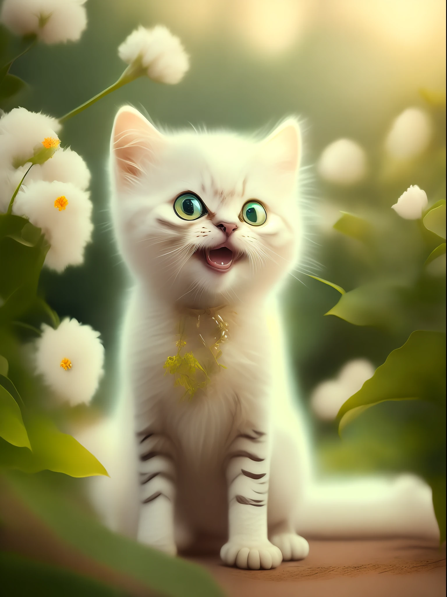 Very cute furry white tropical punk kitten, big eyes, flowers, bushes, full body, open mouth, laugh, professional light, depth of field 8k, golden magic moment, professional photography, octane rendering, super realistic - amazing sunlight, dynamic composition, photography, sharp focus, background bokeh, open mouth, laugh !!!