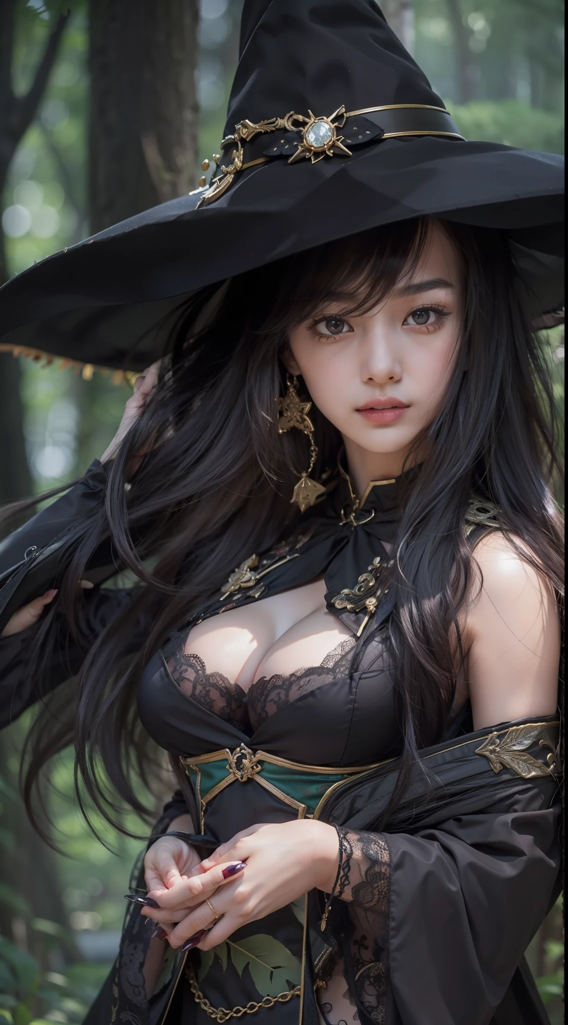 sexy witch, ((wear Witch Hat)), ((Asian girl)), ((Best quality, 8k, Masterpiece :1.3)), pretty woman, 1girl, (firm abs, slender figure :1.1), lustful, ultra-detailed face, detailed lips, detailed eyes, double eyelid, ((Top Quality, 16k, Masterpiece: 1.3)),  ((exposed Half Breast)), ((Gigantic Breast)), ((exposed cleavage)), ((portrait image)), ((Forest Background Blurry))