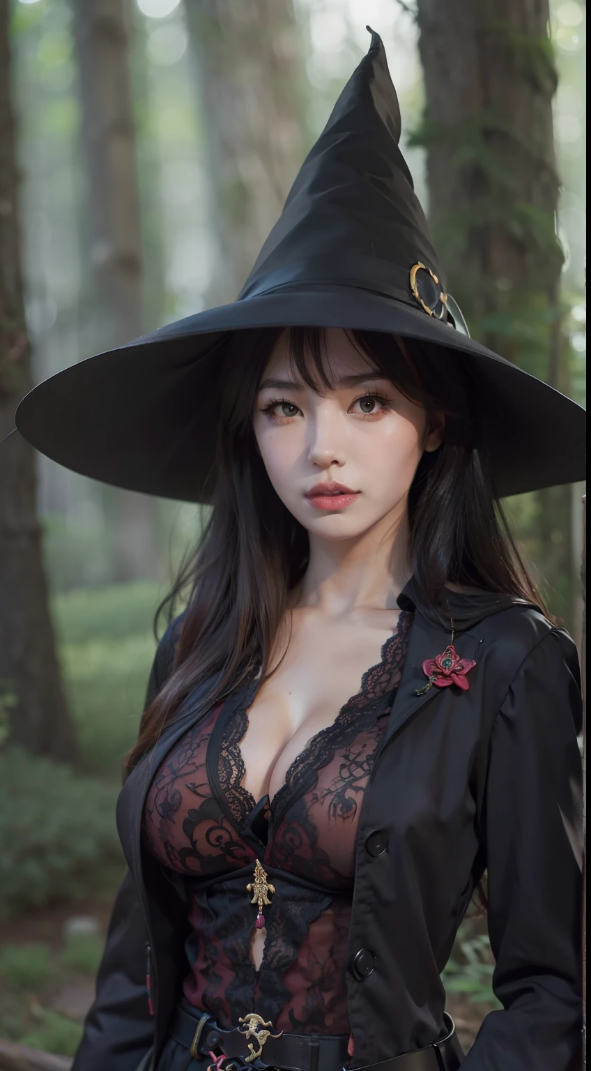 sexy witch, ((wear Witch Hat)), ((Asian girl)), ((Best quality, 8k, Masterpiece :1.3)), pretty woman, 1girl, (firm abs, slender figure :1.1), lustful, ultra-detailed face, detailed lips, detailed eyes, double eyelid, ((Top Quality, 16k, Masterpiece: 1.3)),  ((exposed Half Breast)), ((Gigantic Breast)), ((exposed cleavage)), ((portrait image)), ((Forest Background Blurry))