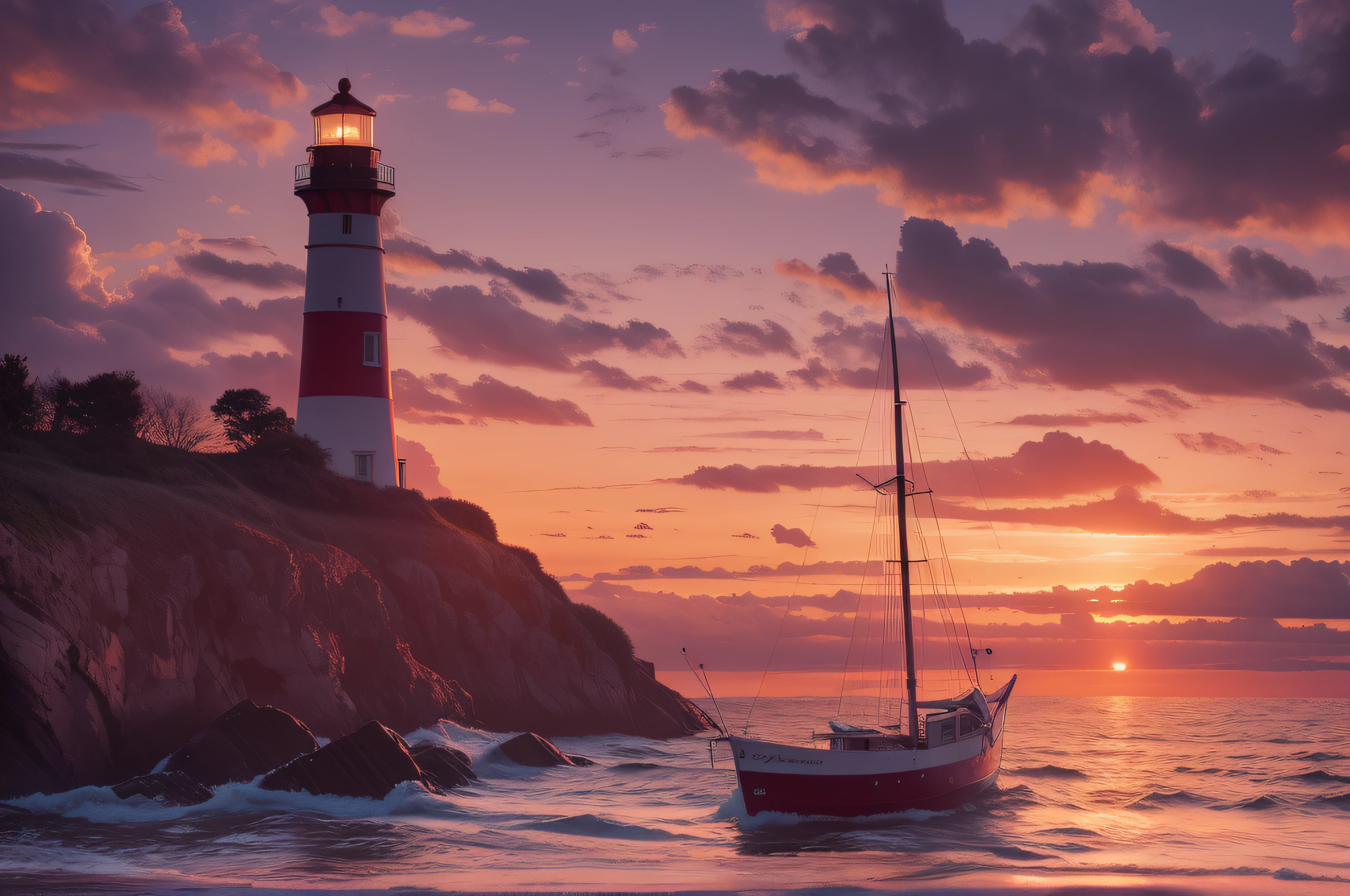 Realistic landscape images，A lighthouse on the sea，eventide，Sunset map over the sea，Hyper-realistic，Shot by Sony，35mm