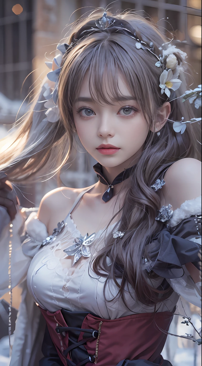 (8K, RAW photos, best qualtiy, tmasterpiece:1.2),(realisticlying, photograph realistic:1.4),Hide your face with sadness,
Lolita costume,Lace, Aerith Gainsborough, The upper part of the body, undergarments,exposed bare shoulders, do lado de fora, (outside,Covered with snow,cloaks,) high high quality, Adobe Lightroom, highdetailskin, looking at viewert,