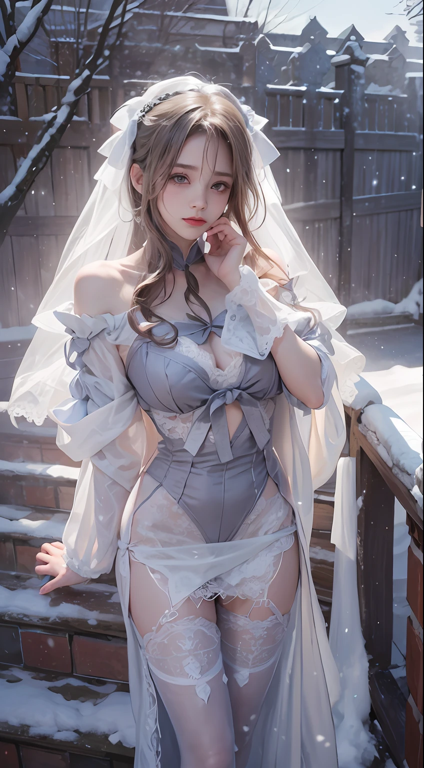 (8K, RAW photos, best qualtiy, tmasterpiece:1.2),(realisticlying, photograph realistic:1.4),Hide your face with sadness,
ta costume,Lace, Aerith Gainsborough, The upper part of the body, undergarments,exposed bare shoulders, do lado de fora, (outside,Covered with snow,cloaks,) high high quality, Adobe Lightroom, highdetailskin, looking at viewert,