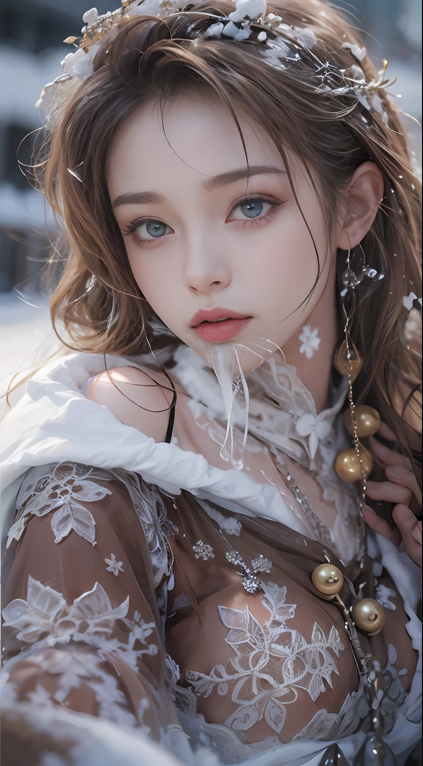 (8K, RAW photos, best qualtiy, tmasterpiece:1.2),(realisticlying, photograph realistic:1.4),Hide your face with sadness,
ta costume,Lace, Aerith Gainsborough, The upper part of the body, undergarments,exposed bare shoulders, do lado de fora, (outside,Covered with snow,cloaks,) high high quality, Adobe Lightroom, highdetailskin, looking at viewert,