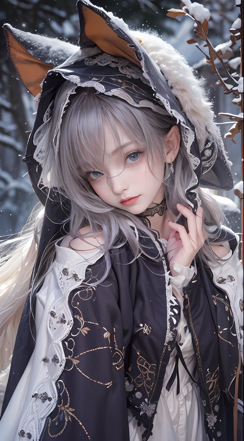 (8K, RAW photos, best qualtiy, tmasterpiece:1.2),(realisticlying, photograph realistic:1.4),Hide your face with sadness,
ta costume,Lace, Aerith Gainsborough, The upper part of the body, undergarments,exposed bare shoulders, do lado de fora, (outside,Covered with snow,cloak,) high high quality, Adobe Lightroom, highdetailskin, looking at viewert,