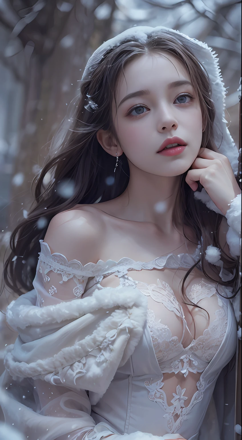 (8K, RAW photos, best qualtiy, tmasterpiece:1.2),(realisticlying, photograph realistic:1.4),Hide your face with sadness,
Lolita costume,Lace, Aerith Gainsborough, The upper part of the body, undergarments,exposed bare shoulders, do lado de fora, (outside,Covered with snow,Cloak,) high high quality, Adobe Lightroom, highdetailskin, looking at viewert,