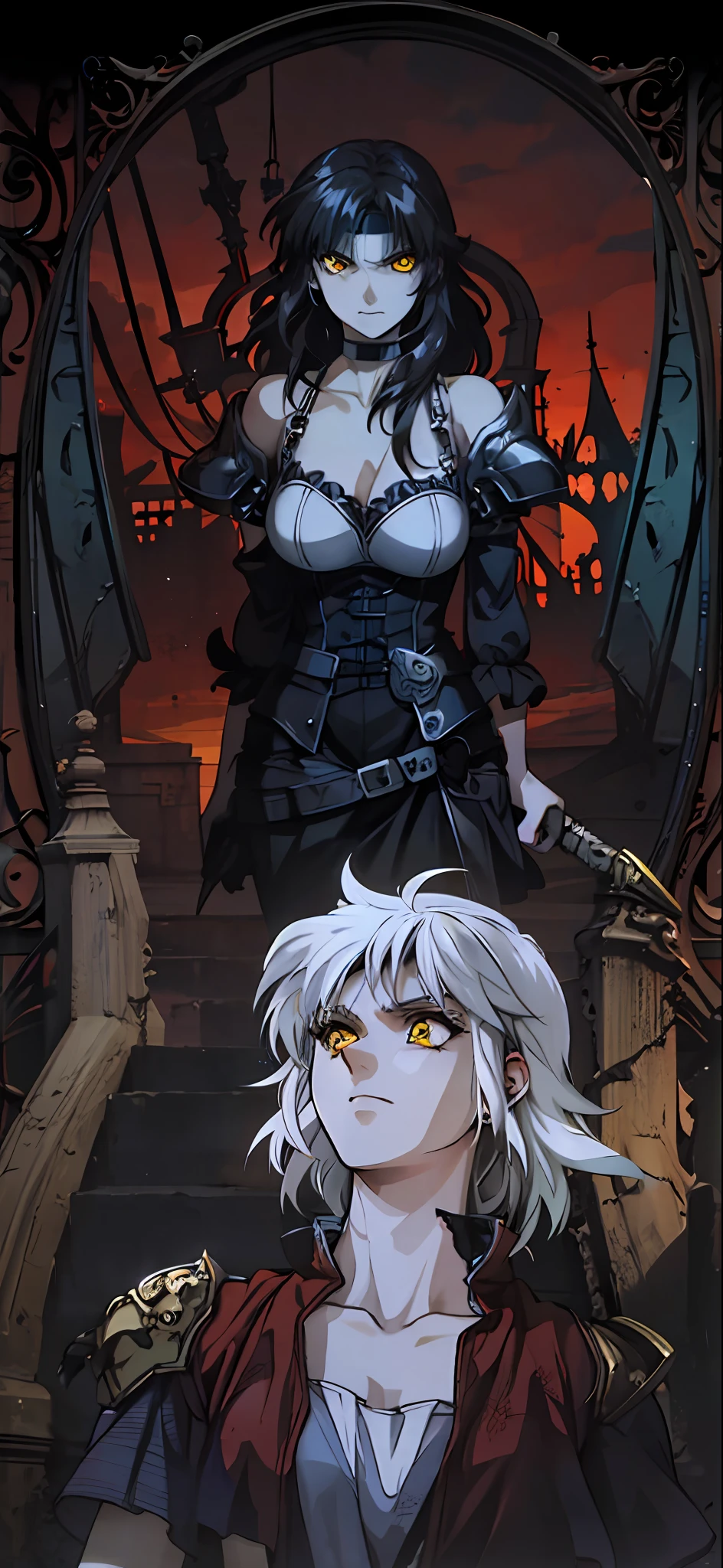 Black knight, castle at night, Gothic Realistic ,4k, brown skin, straight white hair, yellow eyes